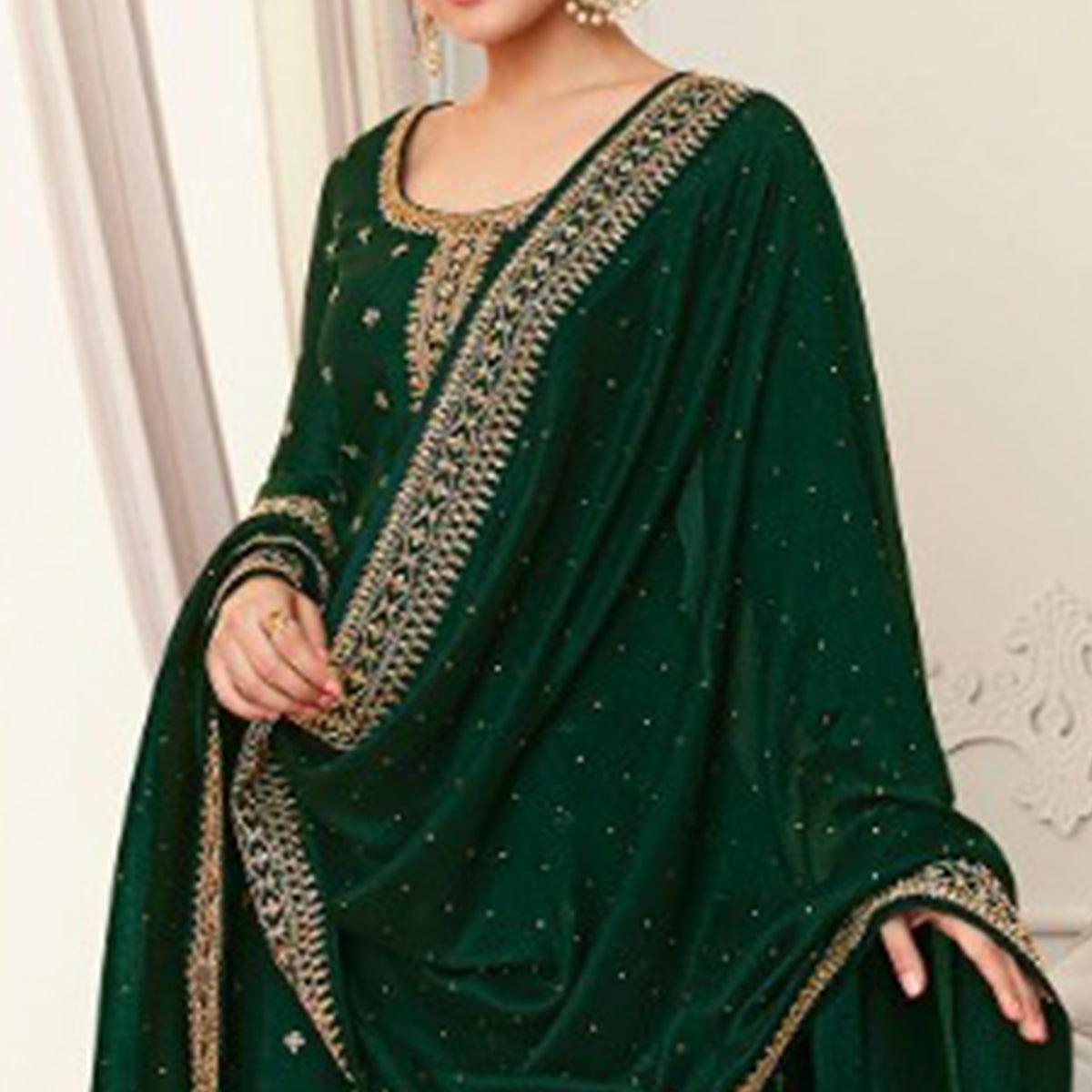 Green Party Wear Embroidered Silk Georgette Palazzo Suit - Peachmode