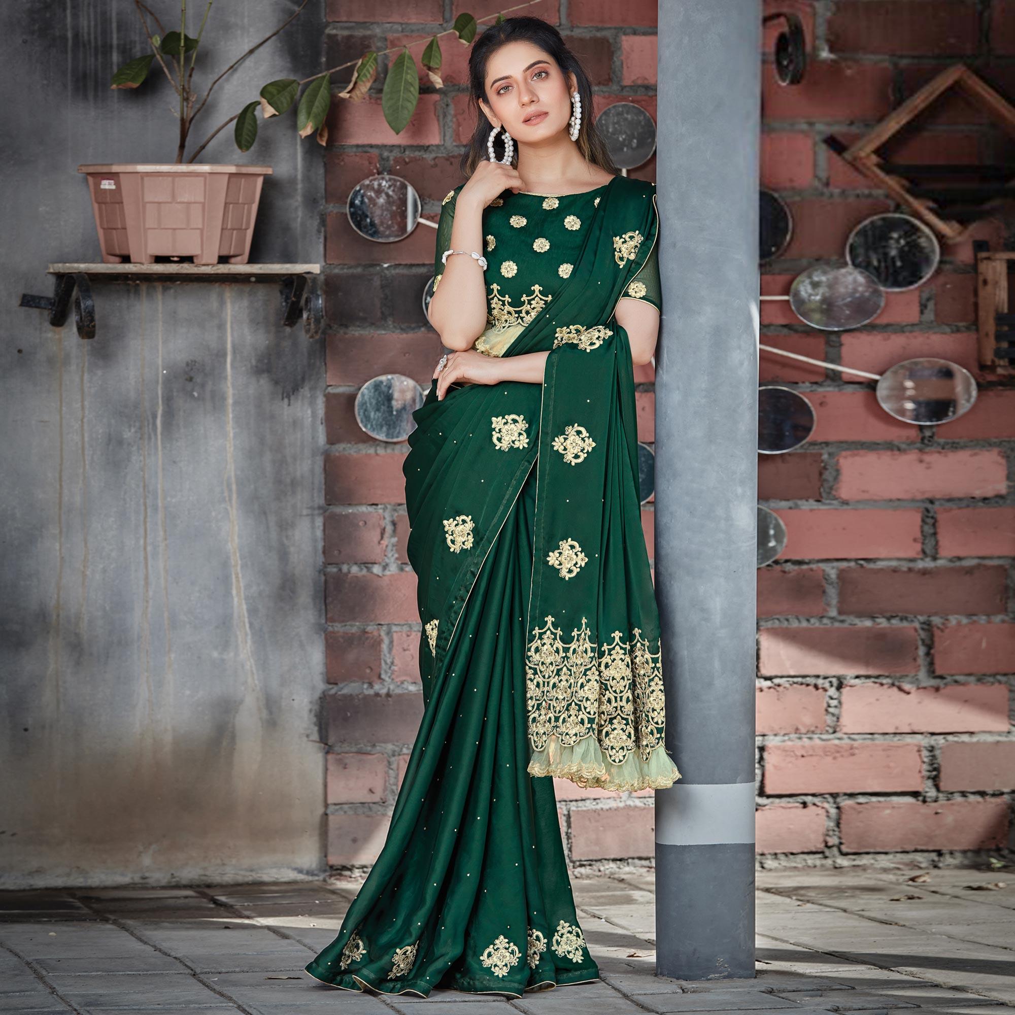 Green Party Wear Embroidered Silk Georgette Saree - Peachmode