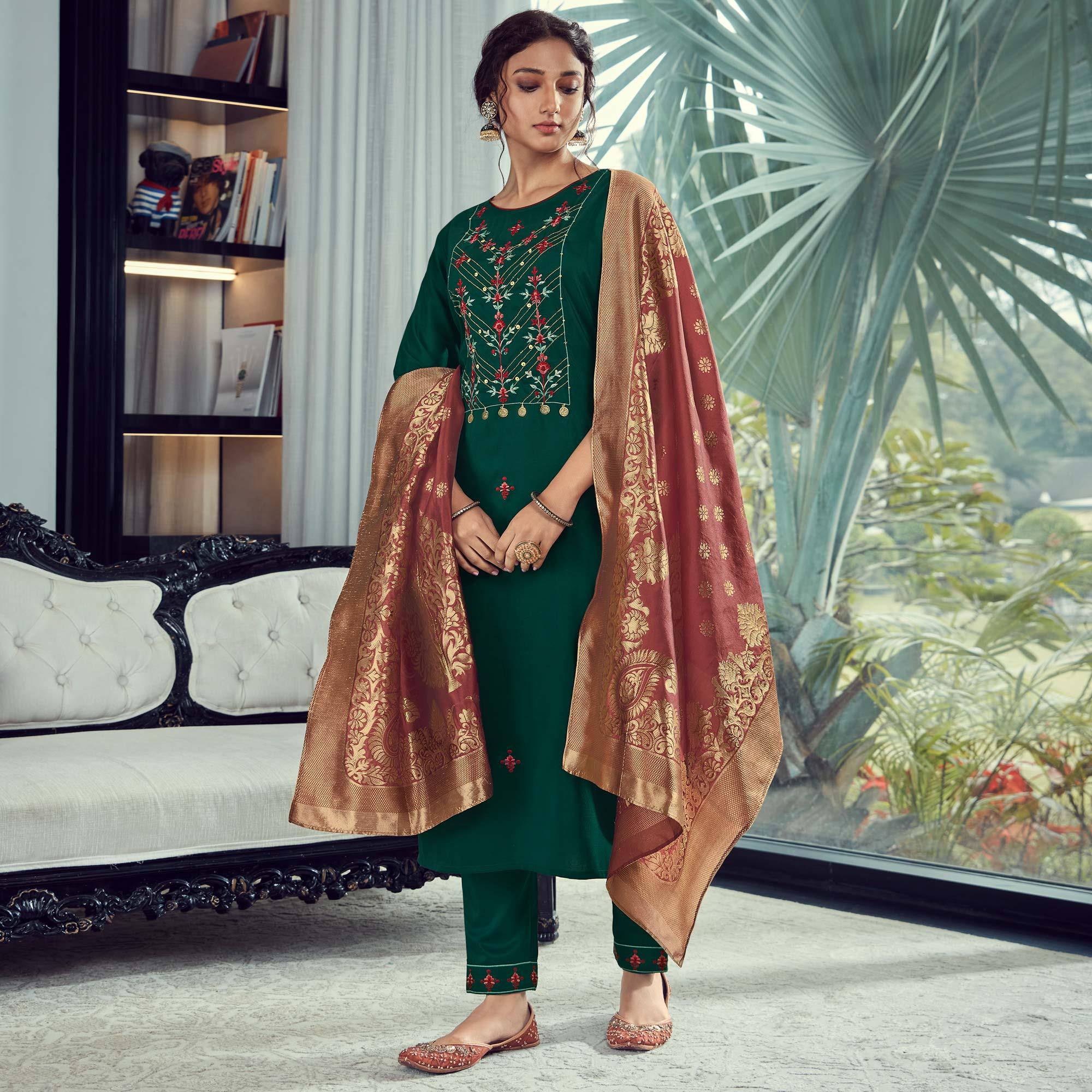 Green Party Wear Embroidered Silk Kurti Pant Set With Banarasi Jacquard Dupatta - Peachmode
