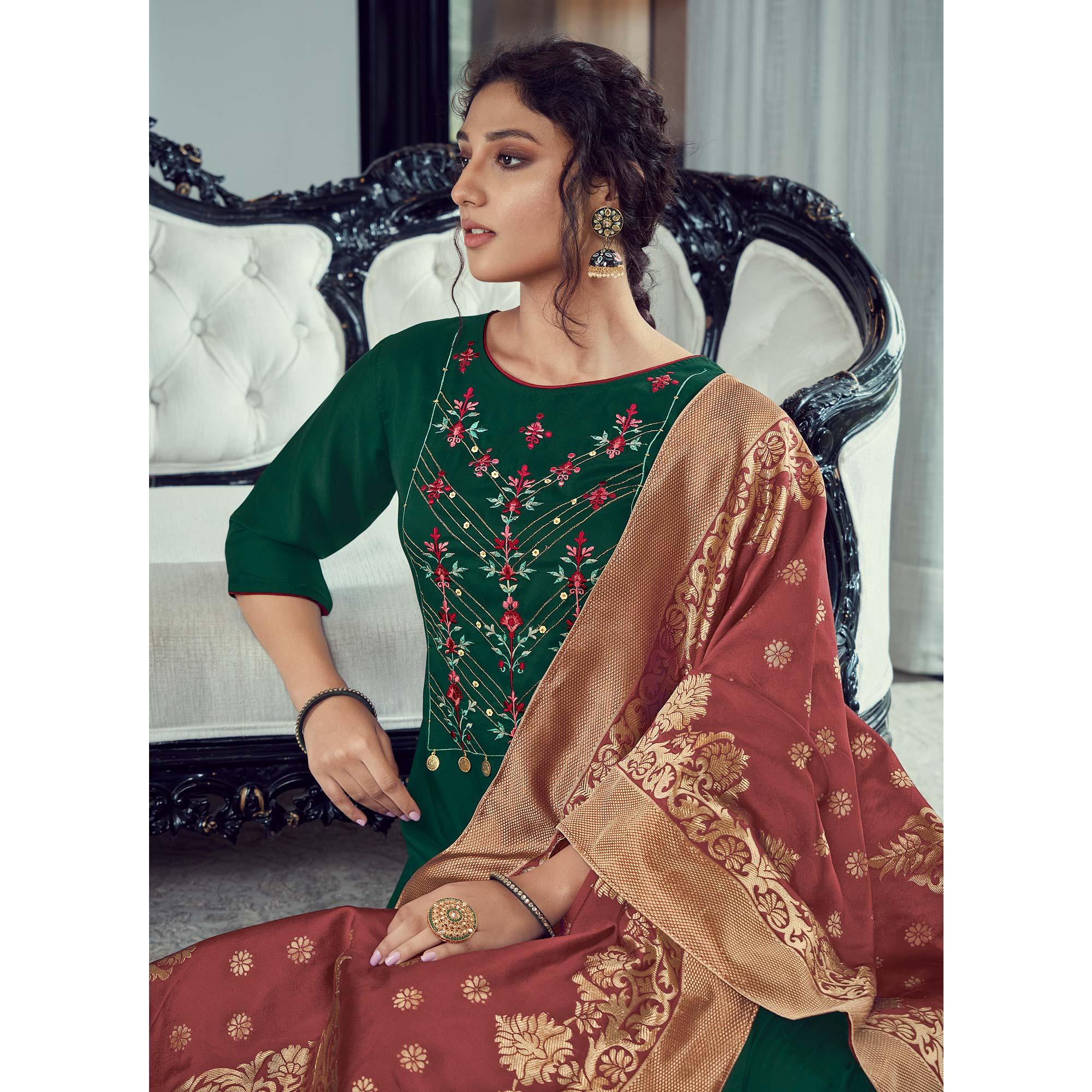 Green Party Wear Embroidered Silk Kurti Pant Set With Banarasi Jacquard Dupatta - Peachmode