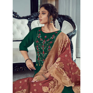 Green Party Wear Embroidered Silk Kurti Pant Set With Banarasi Jacquard Dupatta - Peachmode
