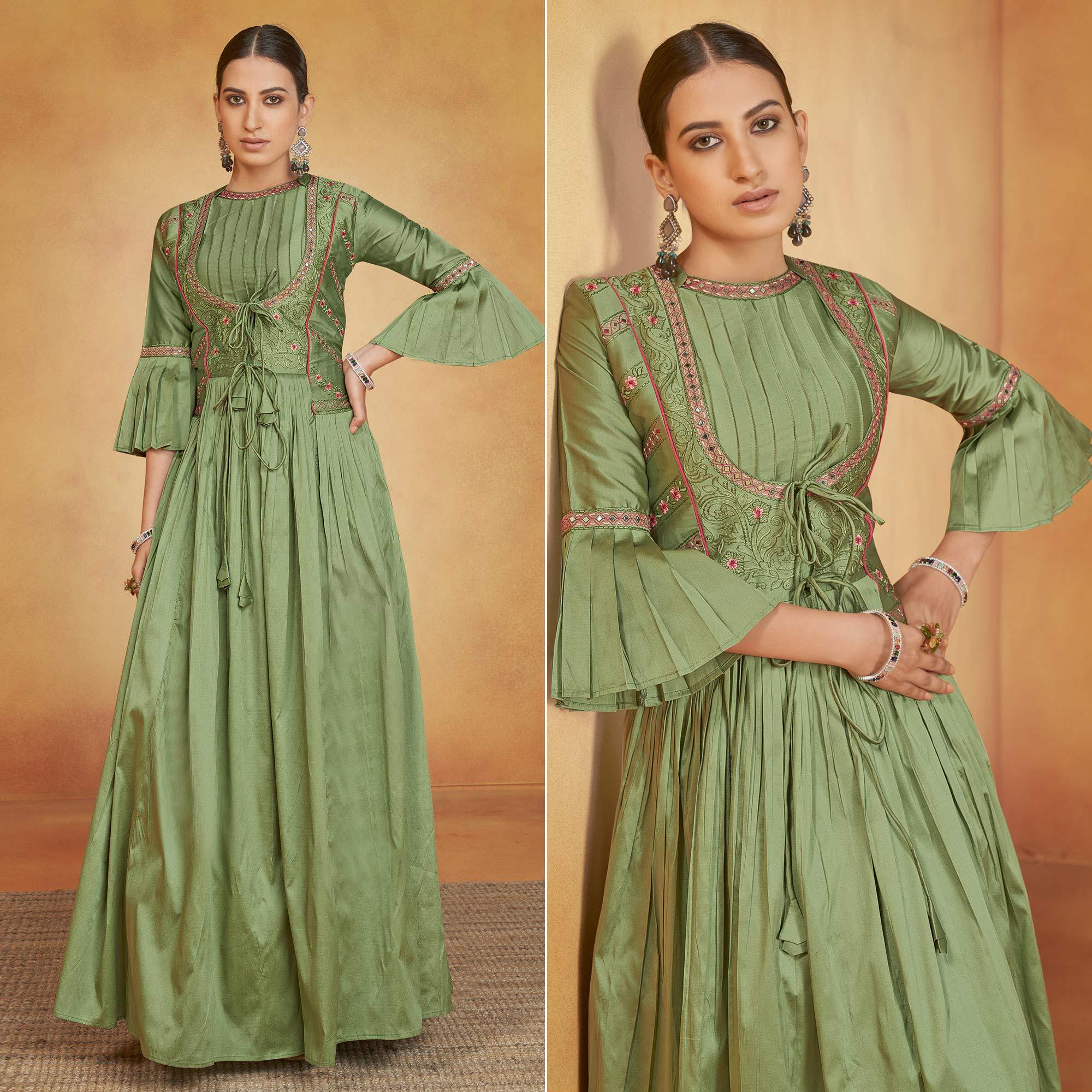 Green Party Wear Embroidered Tapetta Gown - Peachmode