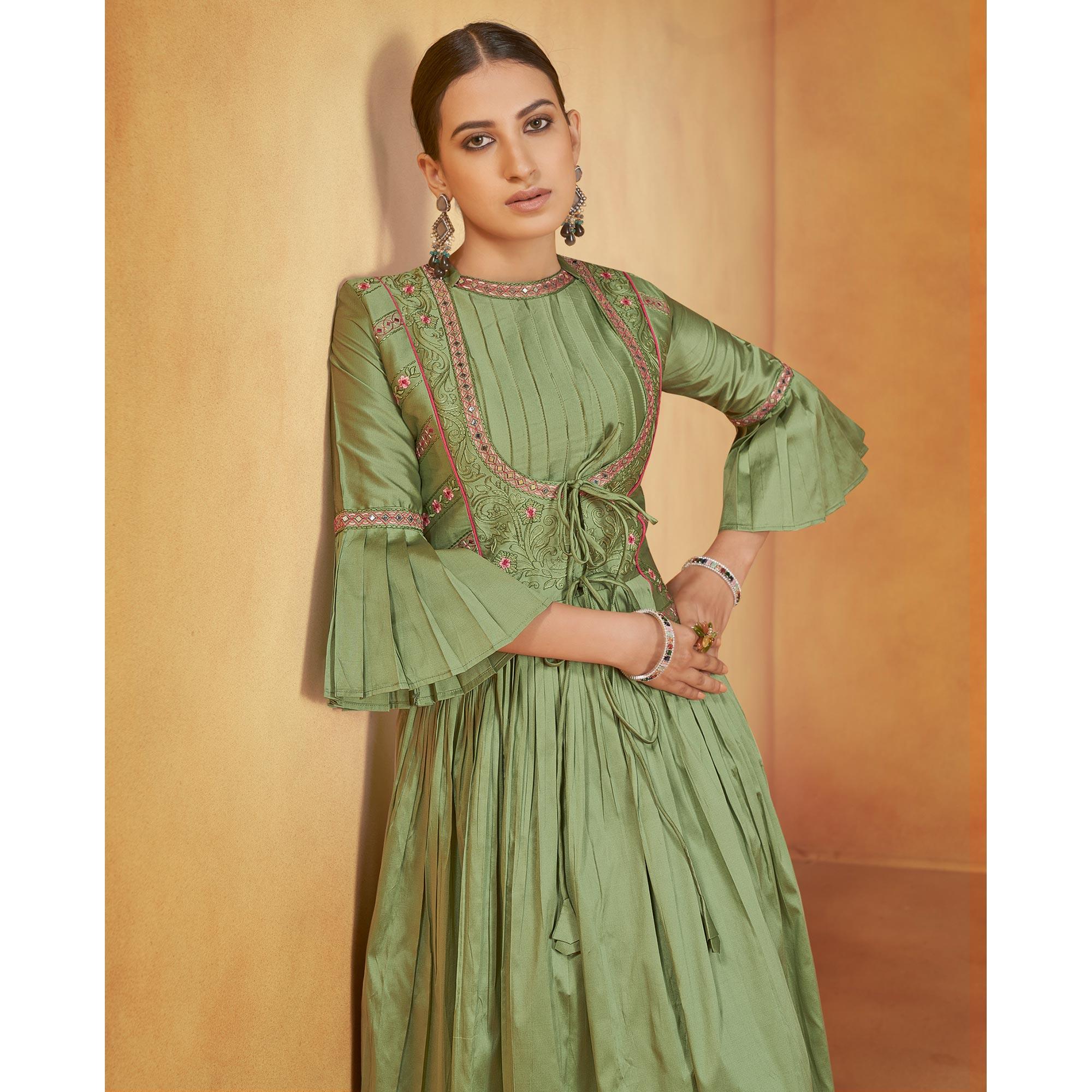 Green Party Wear Embroidered Tapetta Gown - Peachmode