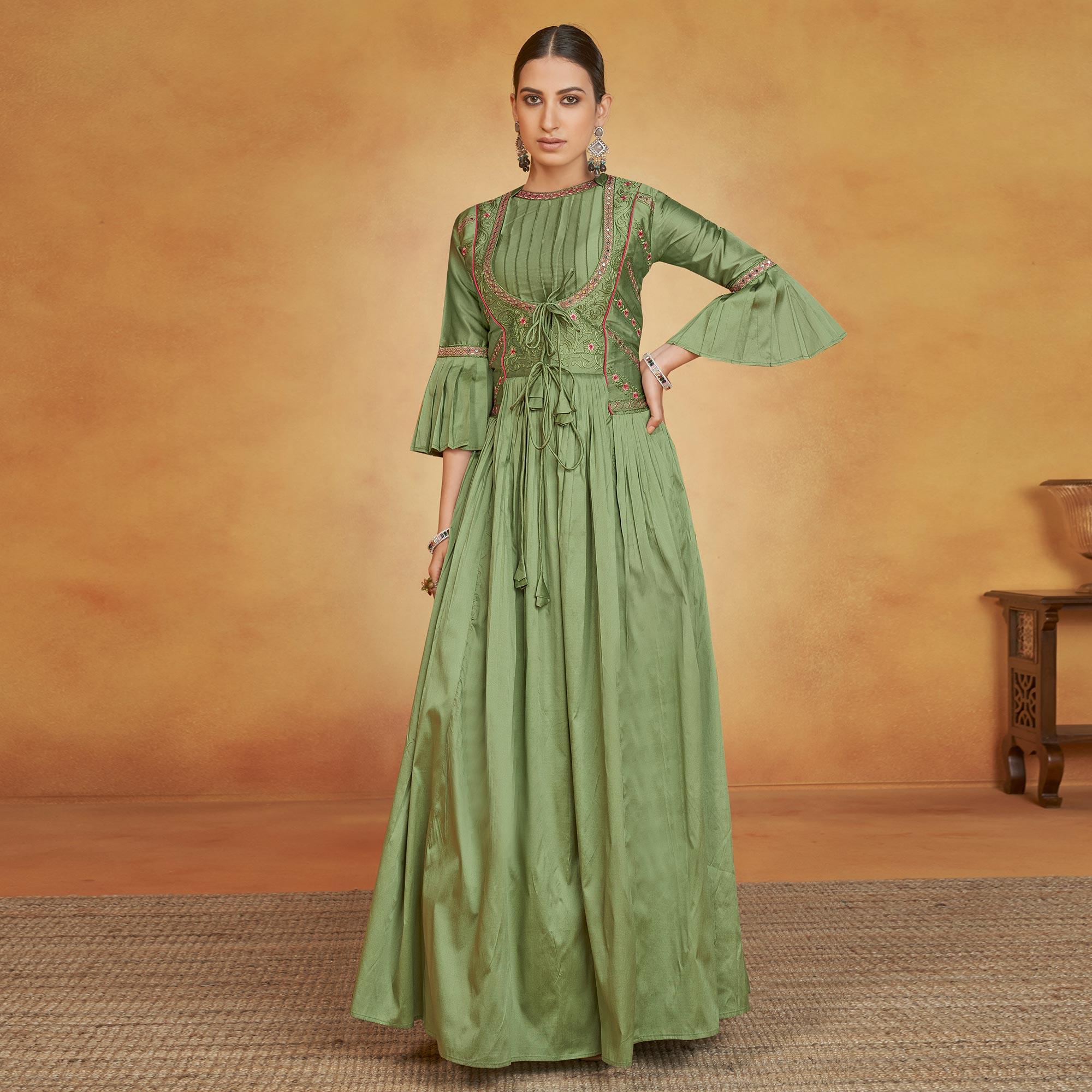 Green Party Wear Embroidered Tapetta Gown - Peachmode