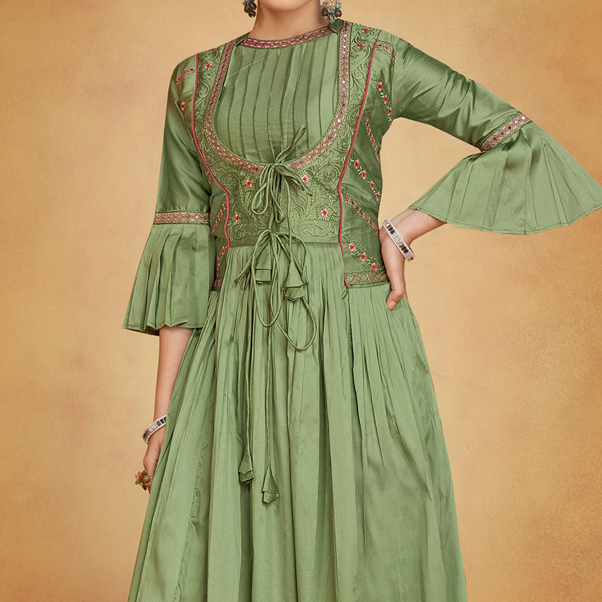 Green Party Wear Embroidered Tapetta Gown - Peachmode