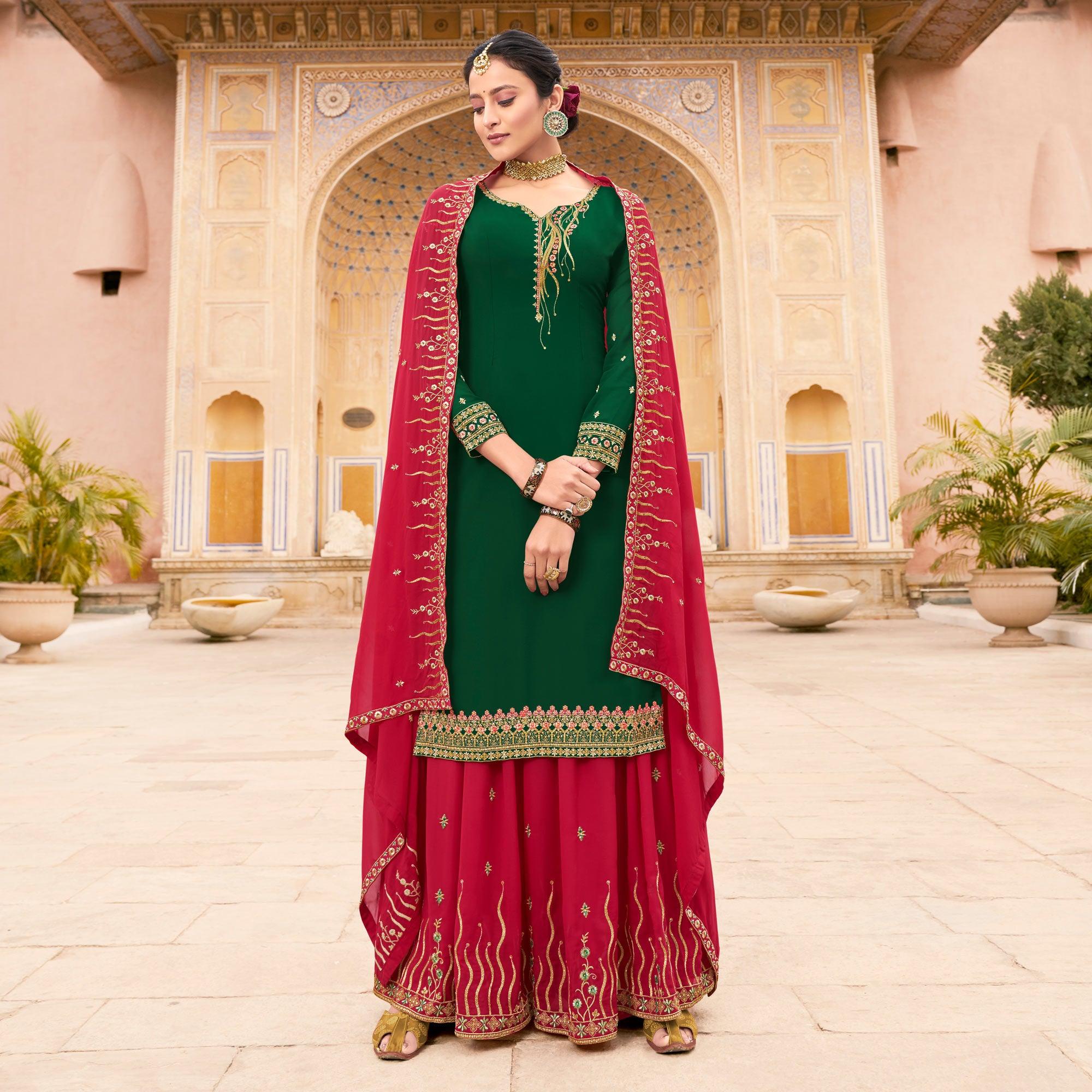 Green Party Wear Embroidery Soft Georgette Palazzo Suit - Peachmode