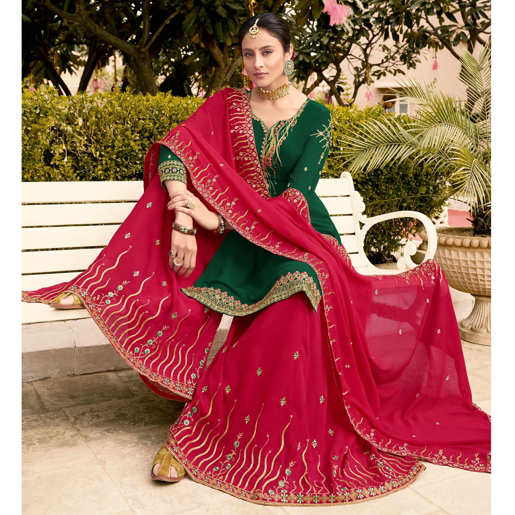 Green Party Wear Embroidery Soft Georgette Palazzo Suit - Peachmode