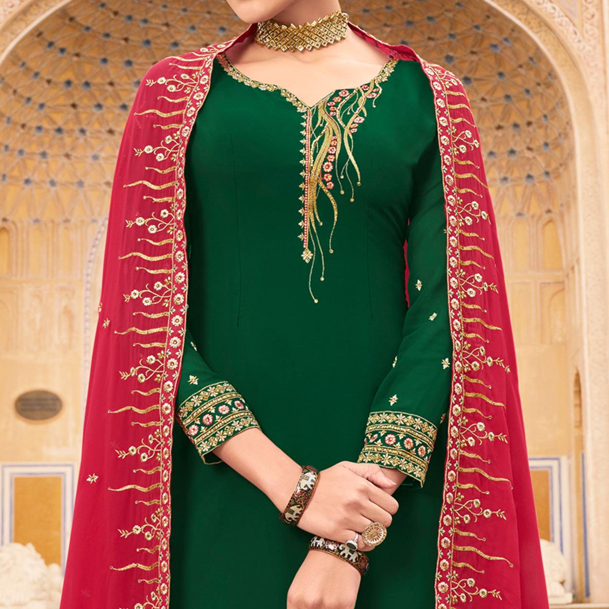 Green Party Wear Embroidery Soft Georgette Palazzo Suit - Peachmode
