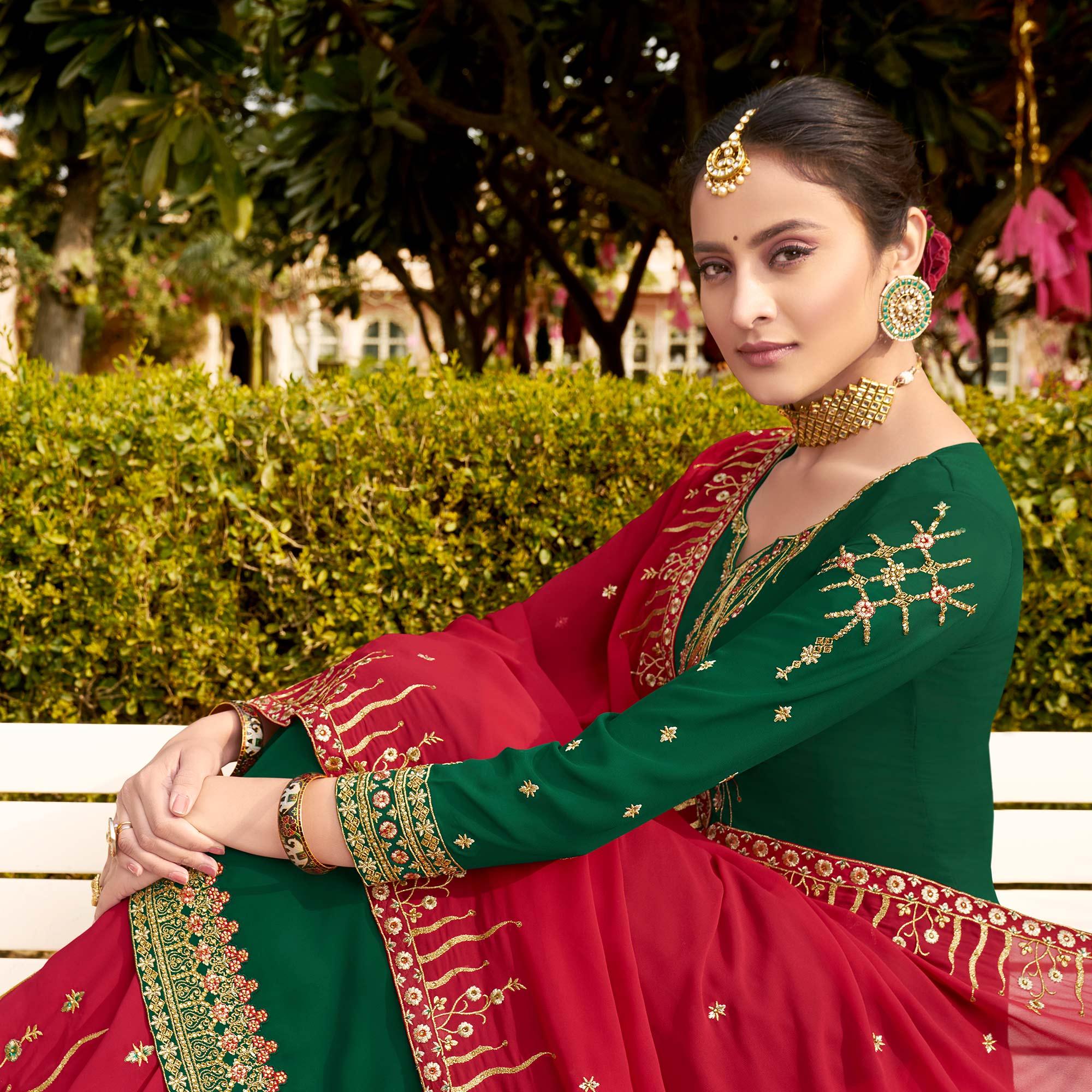 Green Party Wear Embroidery Soft Georgette Palazzo Suit - Peachmode