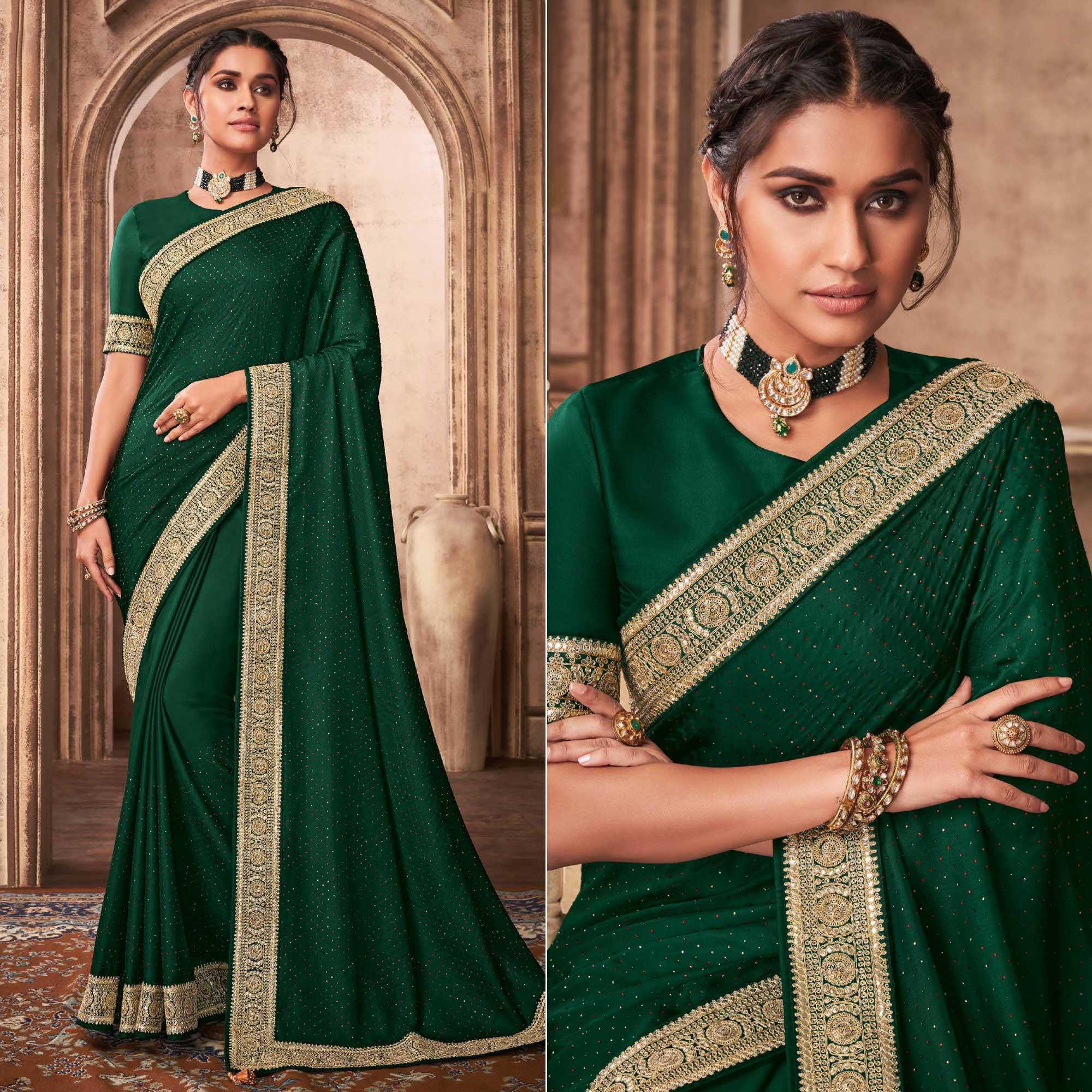 Green Party Wear Embroidery With Sequence Work Satin Silk Saree - Peachmode