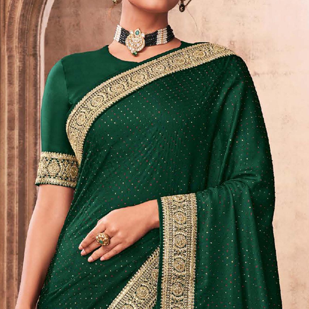 Green Party Wear Embroidery With Sequence Work Satin Silk Saree - Peachmode