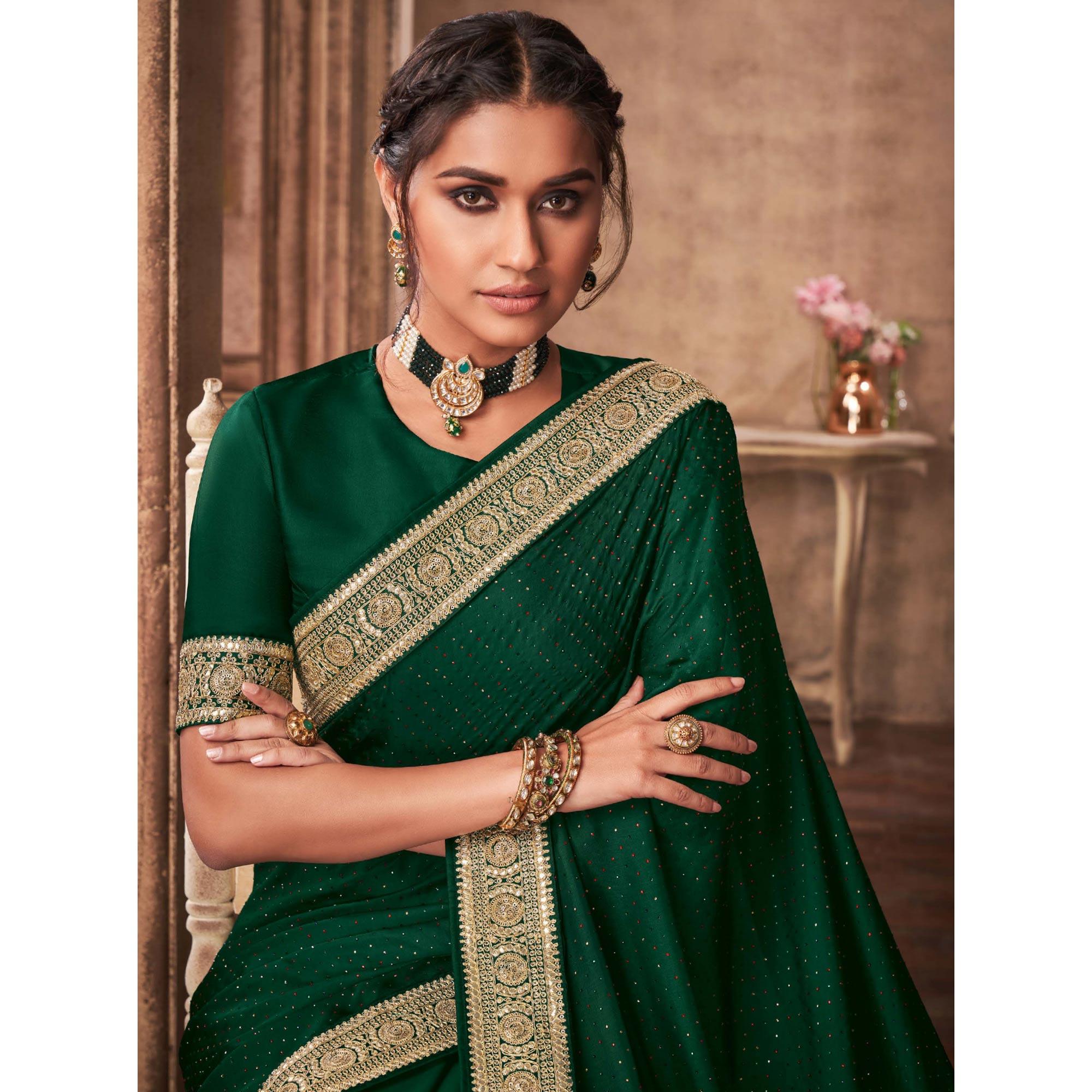 Green Party Wear Embroidery With Sequence Work Satin Silk Saree - Peachmode