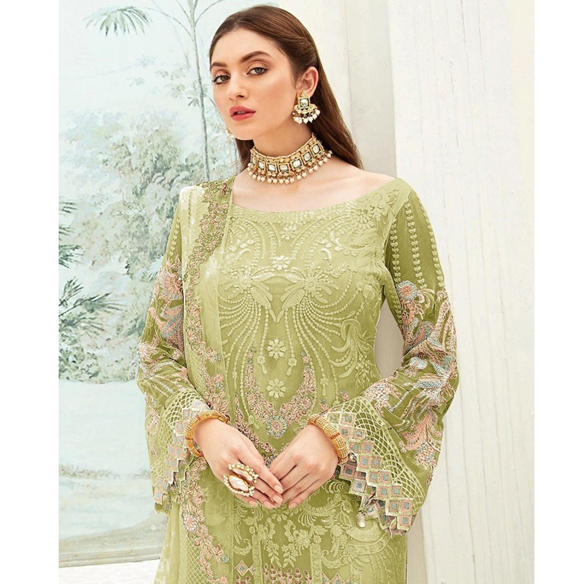Green Party Wear Floral Embroidered Georgette Straight Salwar Suit - Peachmode
