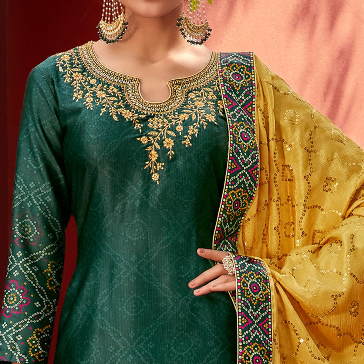Green Party Wear Floral Embroidery With Digital Printed Jam Satin Suit - Peachmode