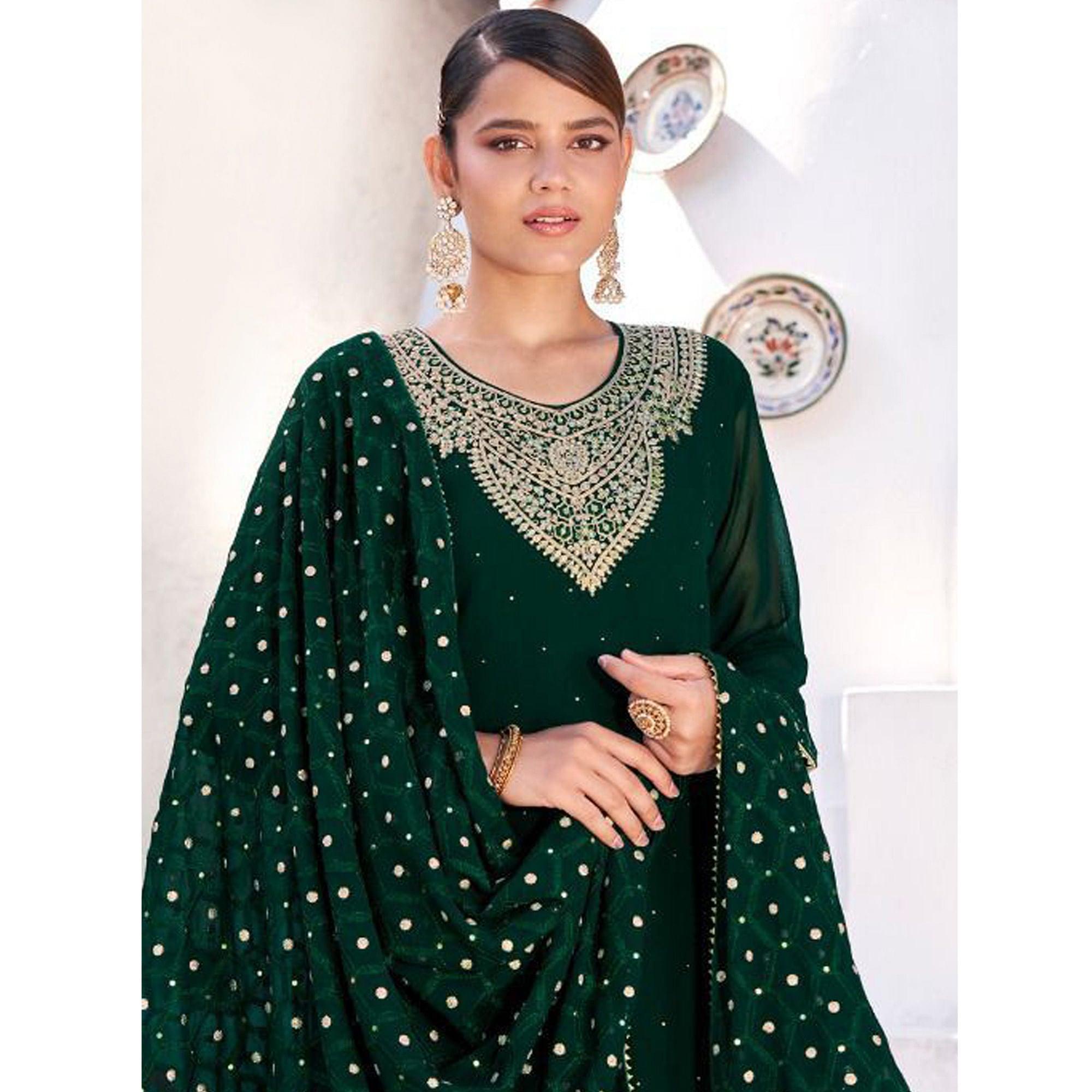 Green Party Wear Heavy Embroidered Georgette Suit - Peachmode