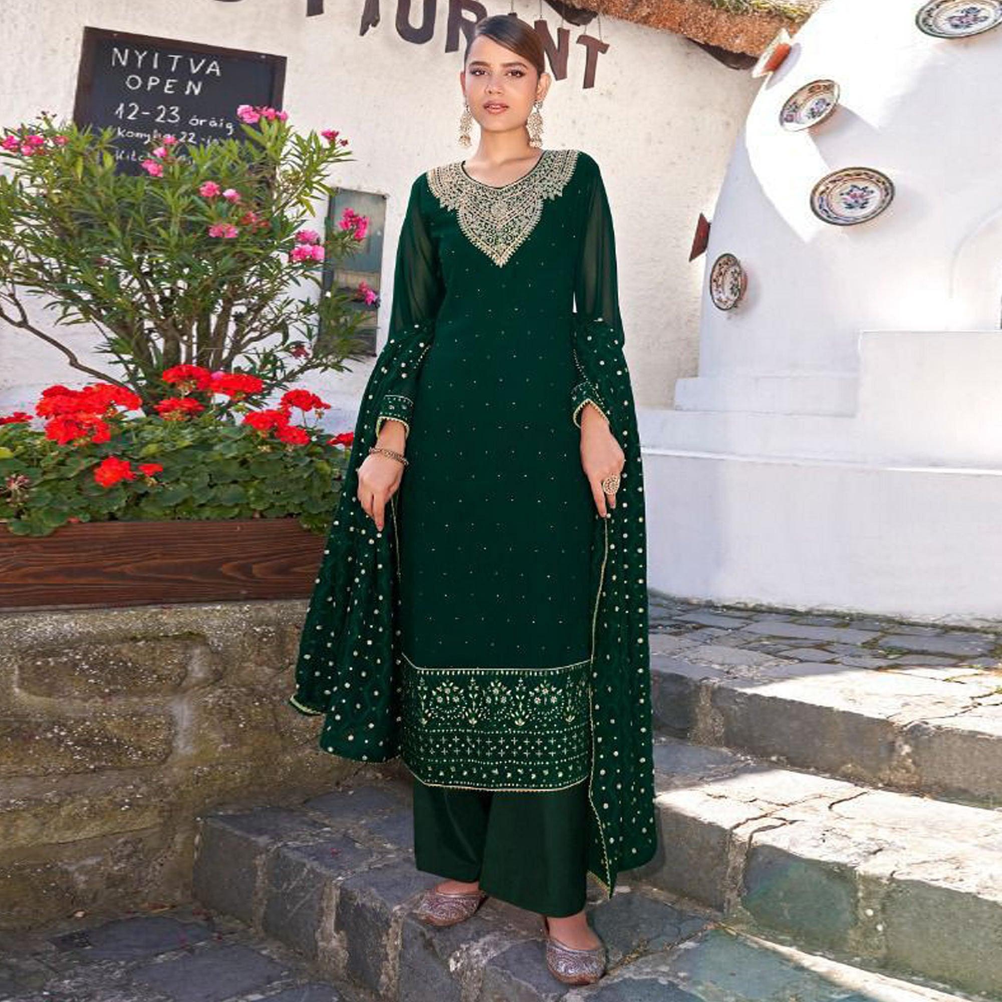 Green Party Wear Heavy Embroidered Georgette Suit - Peachmode