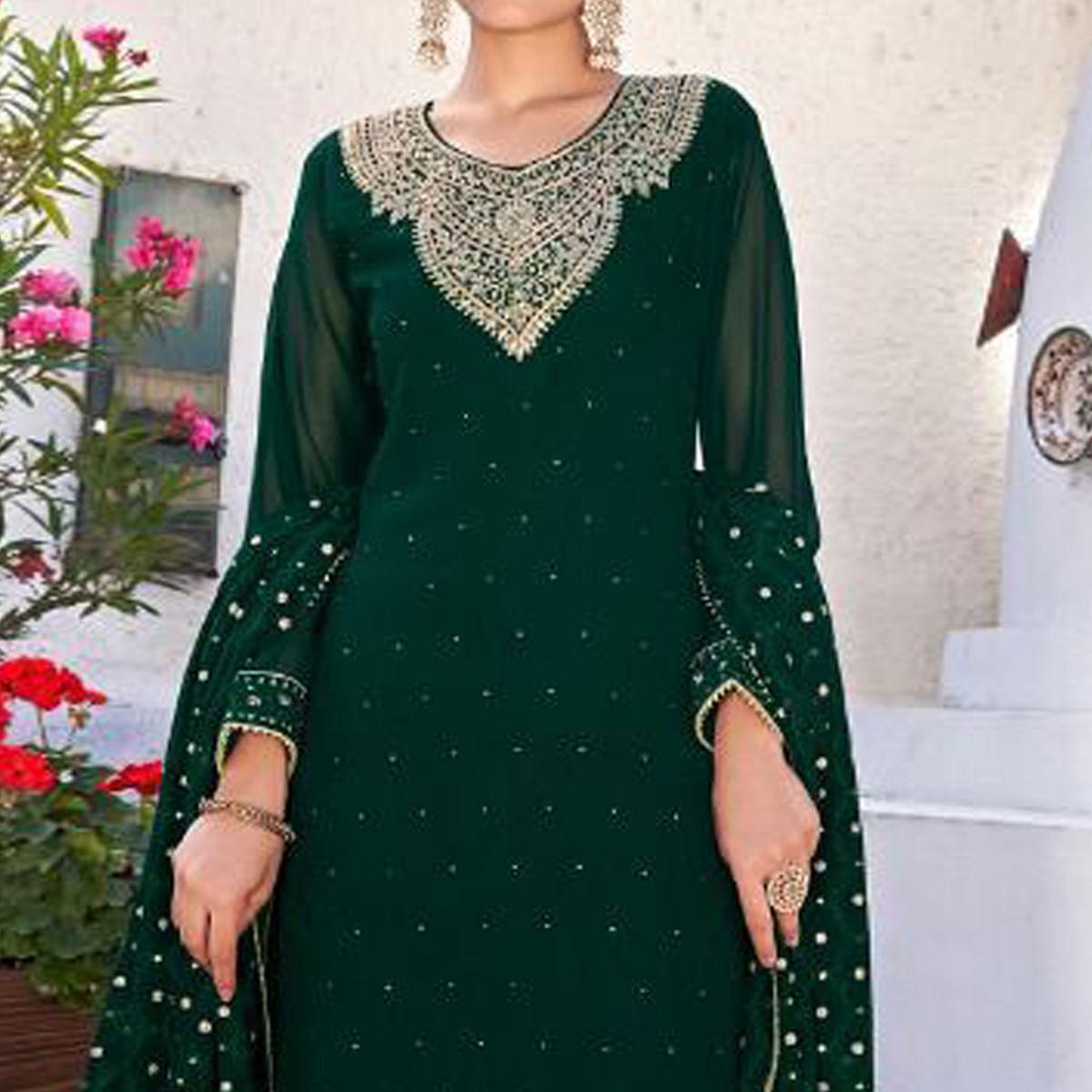 Green Party Wear Heavy Embroidered Georgette Suit - Peachmode