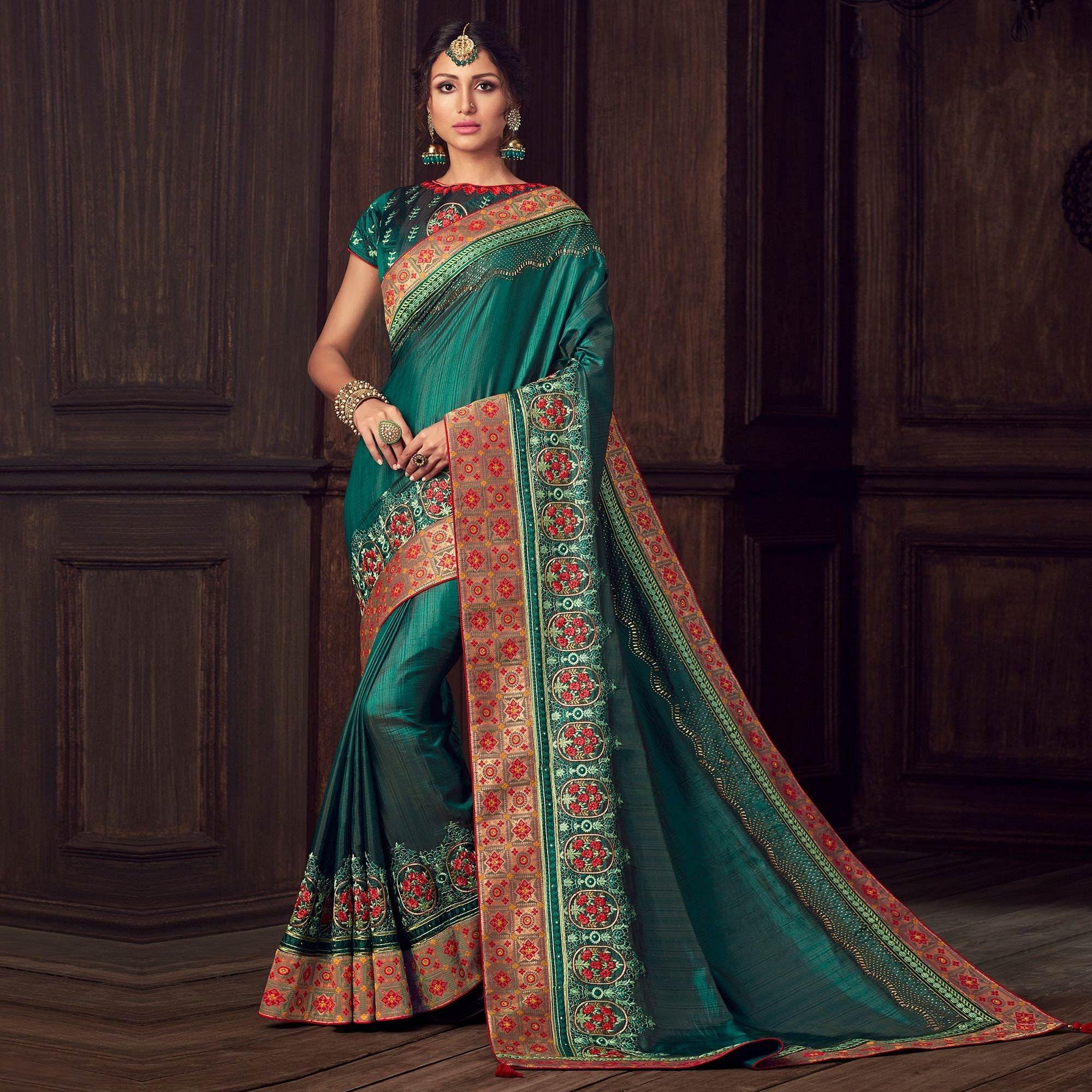 Green Party Wear Heavy Embroidered Silk Saree - Peachmode