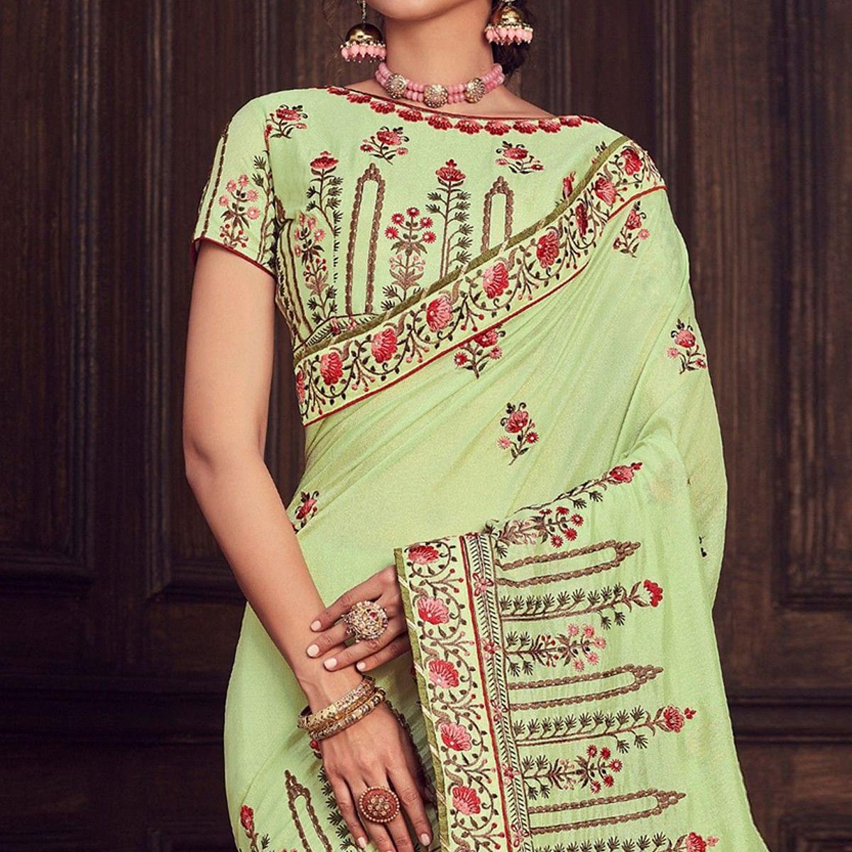 Green Party Wear Heavy Embroidered Silk Saree - Peachmode