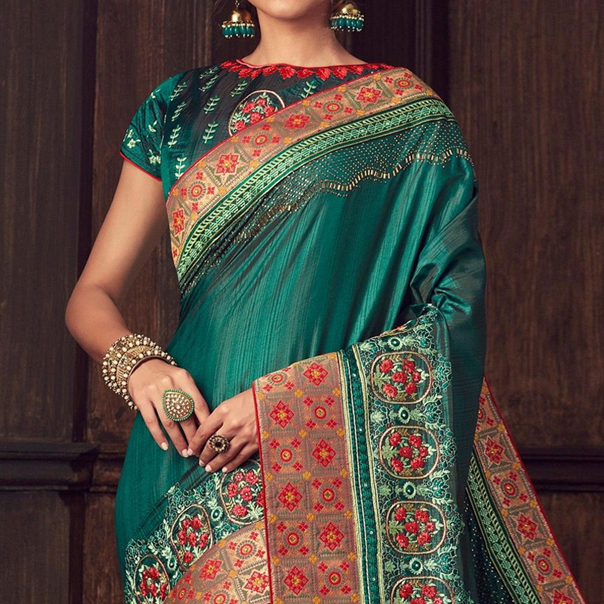 Green Party Wear Heavy Embroidered Silk Saree - Peachmode