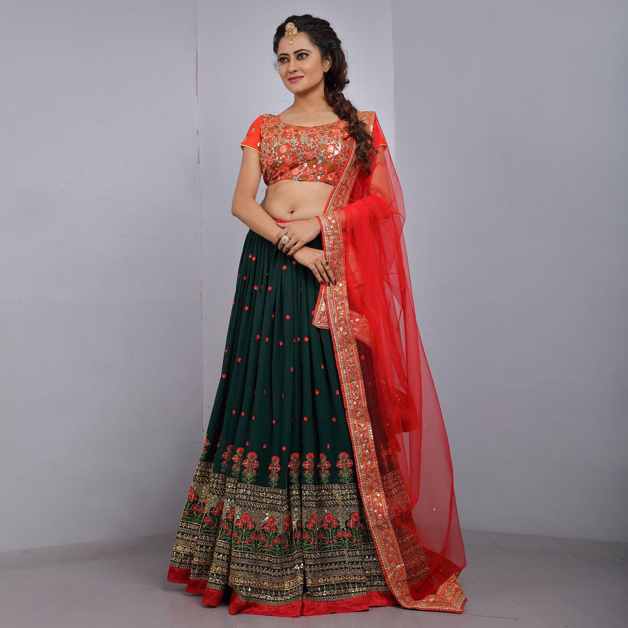 Green Party Wear Sequence Embroidered Georgette Lehenga Choli - Peachmode