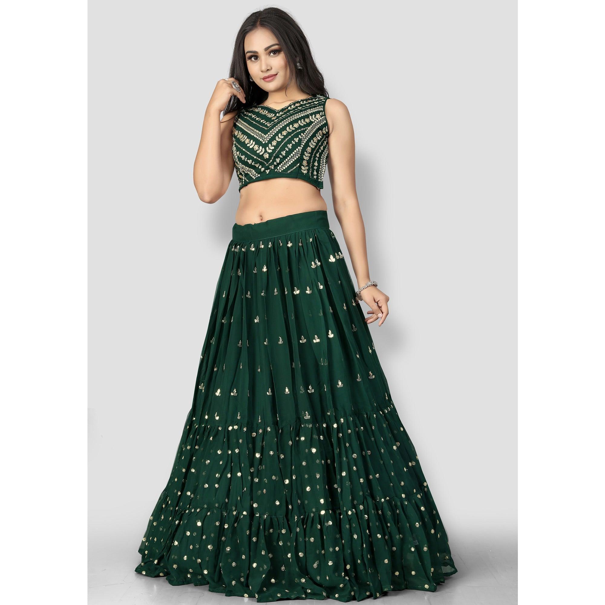 Green Party Wear Sequence Embroidered Georgette Lehenga Choli - Peachmode