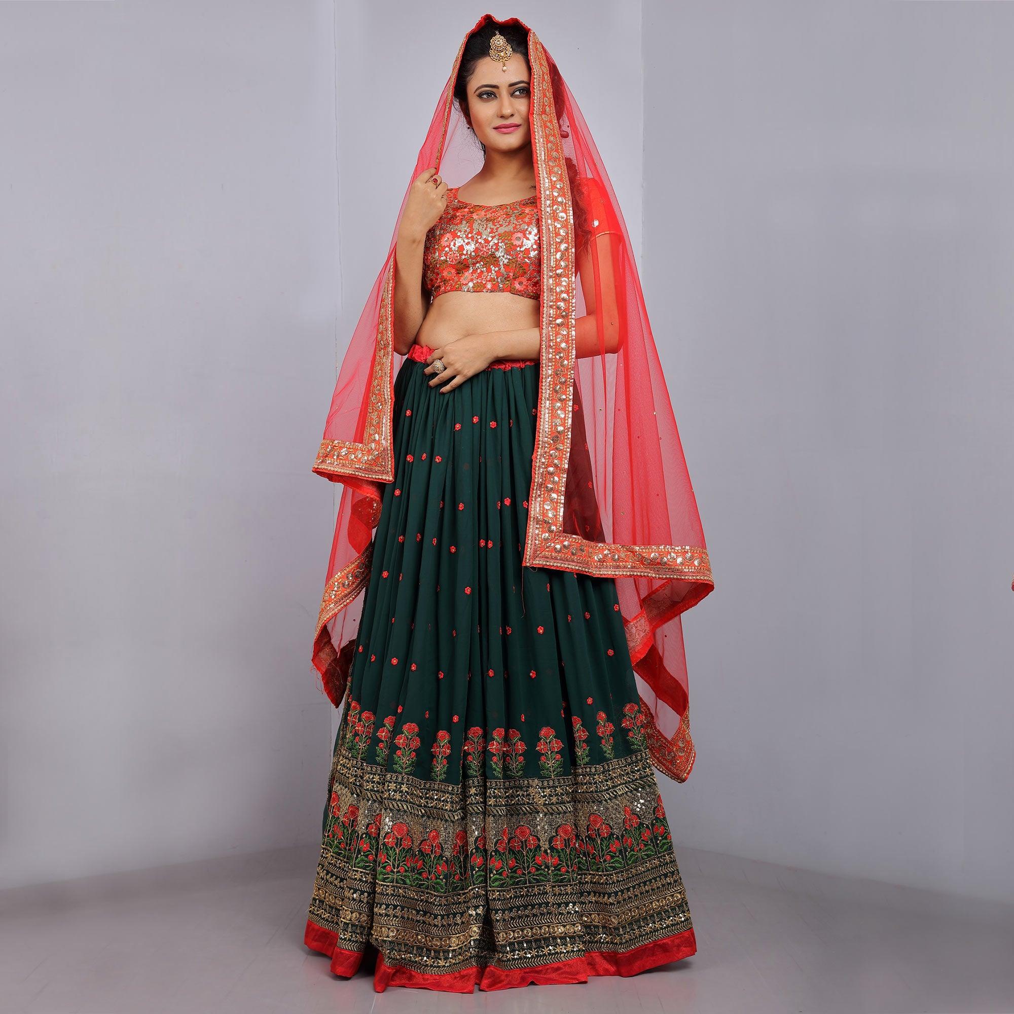 Green Party Wear Sequence Embroidered Georgette Lehenga Choli - Peachmode