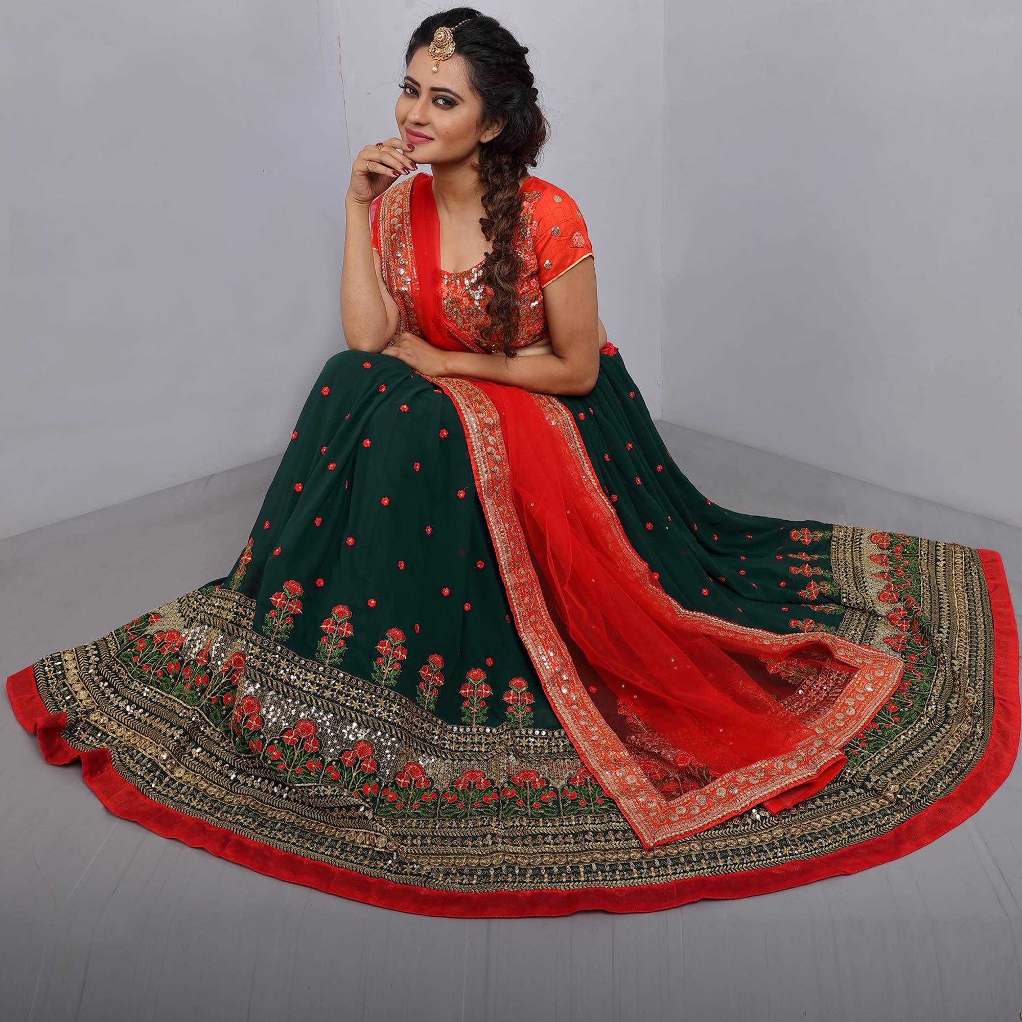 Green Party Wear Sequence Embroidered Georgette Lehenga Choli - Peachmode