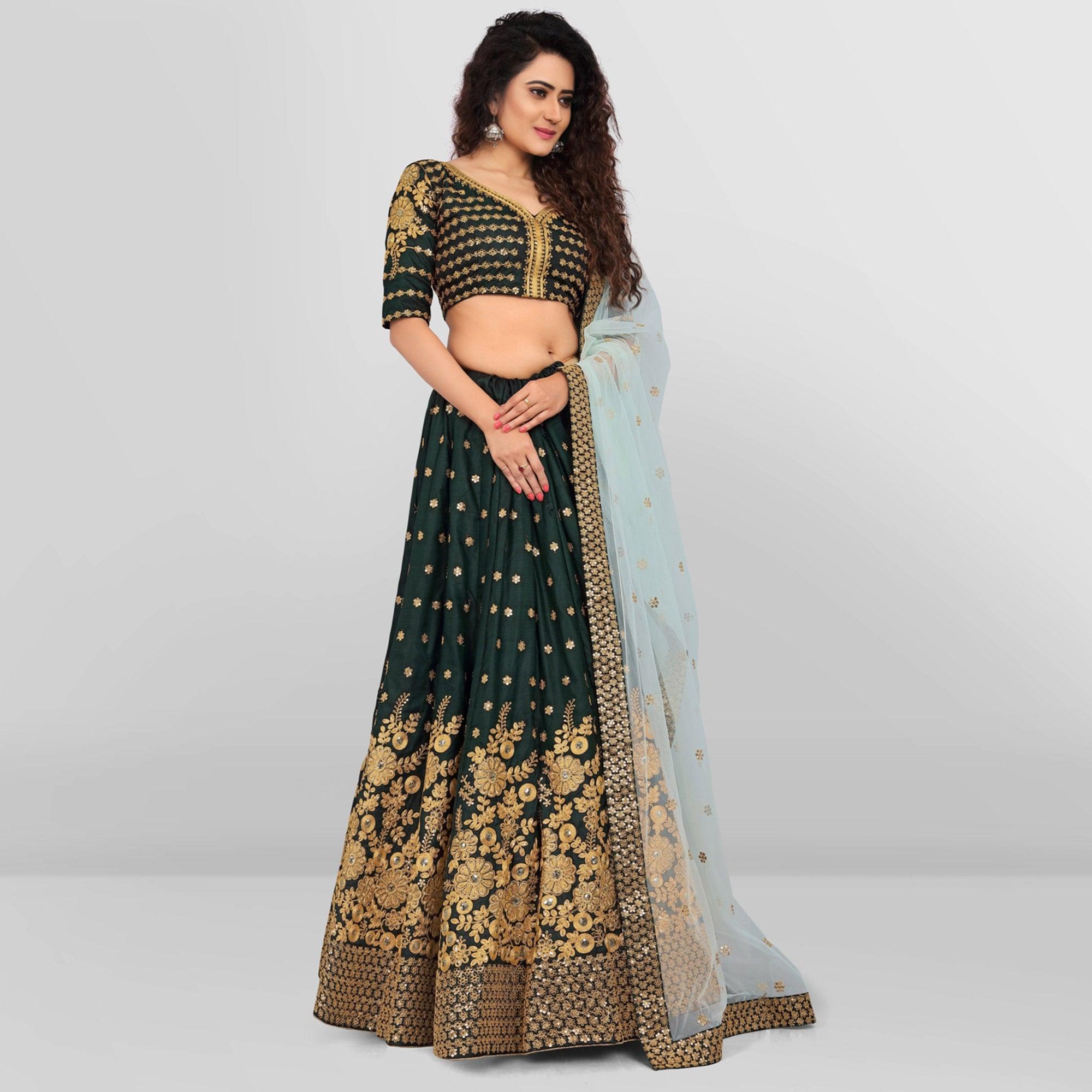 Green Party Wear Sequence Embroidered Tapetta Lehenga Choli - Peachmode