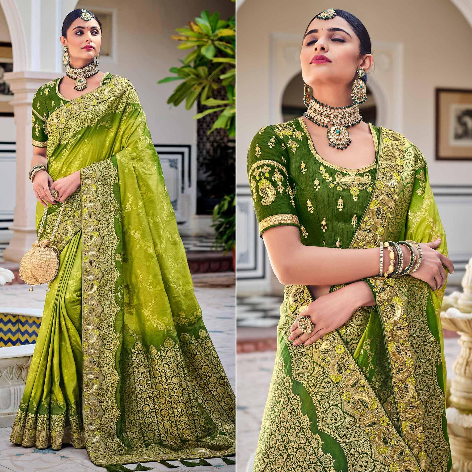 Green Party Wear Woven-Embroidered Silk Saree - Peachmode