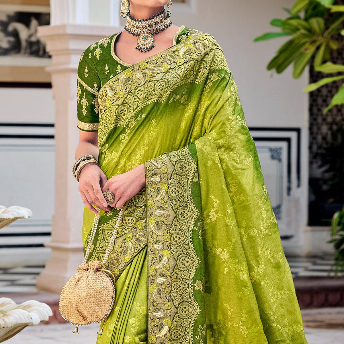 Green Party Wear Woven-Embroidered Silk Saree - Peachmode