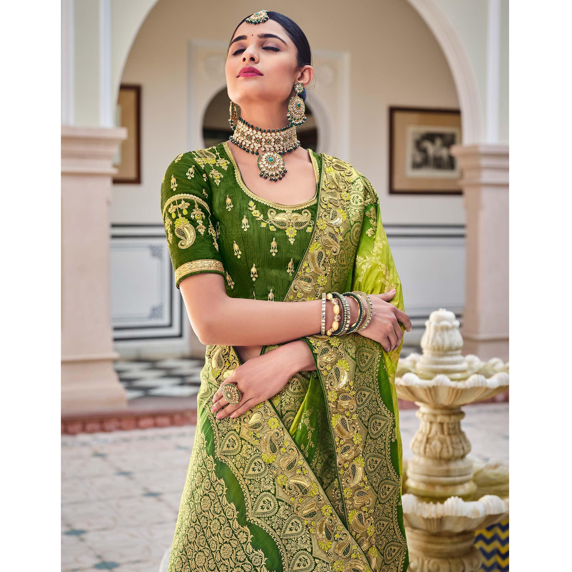 Green Party Wear Woven-Embroidered Silk Saree - Peachmode