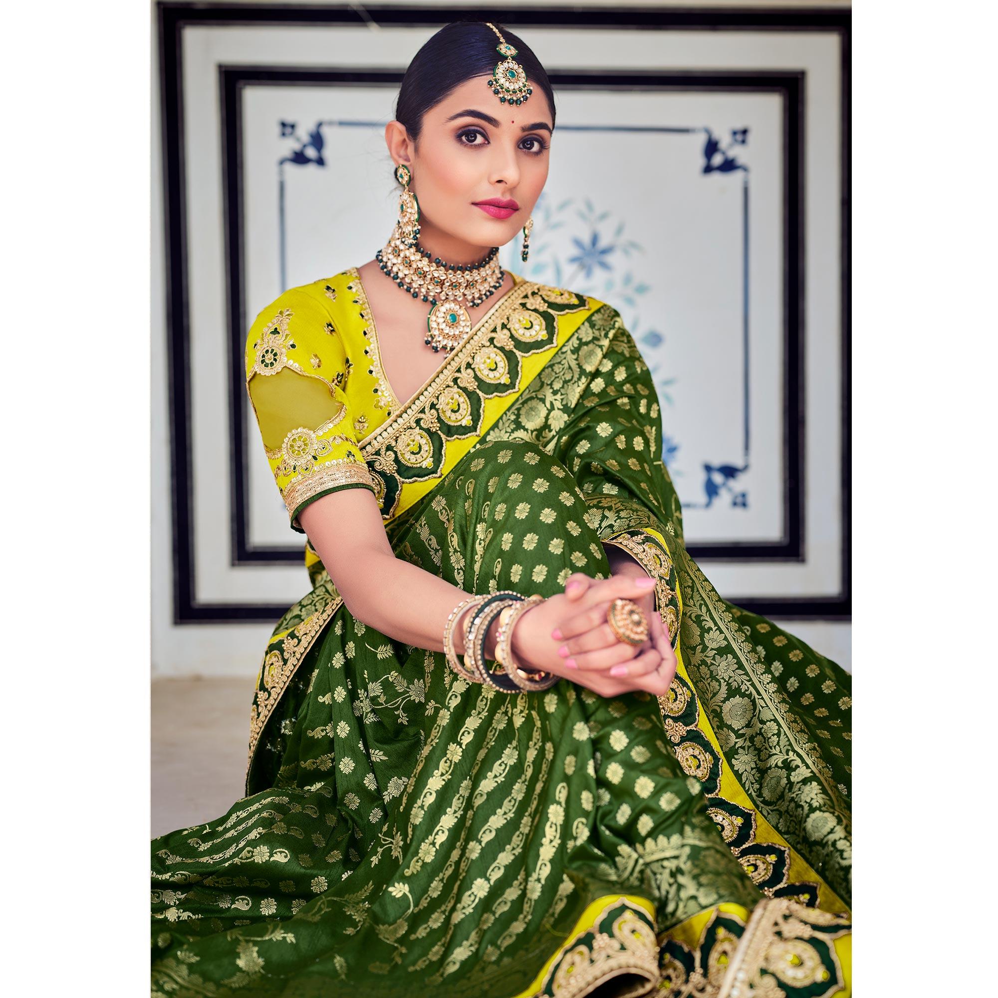 Green Party Wear Woven-Embroidered Silk Saree - Peachmode