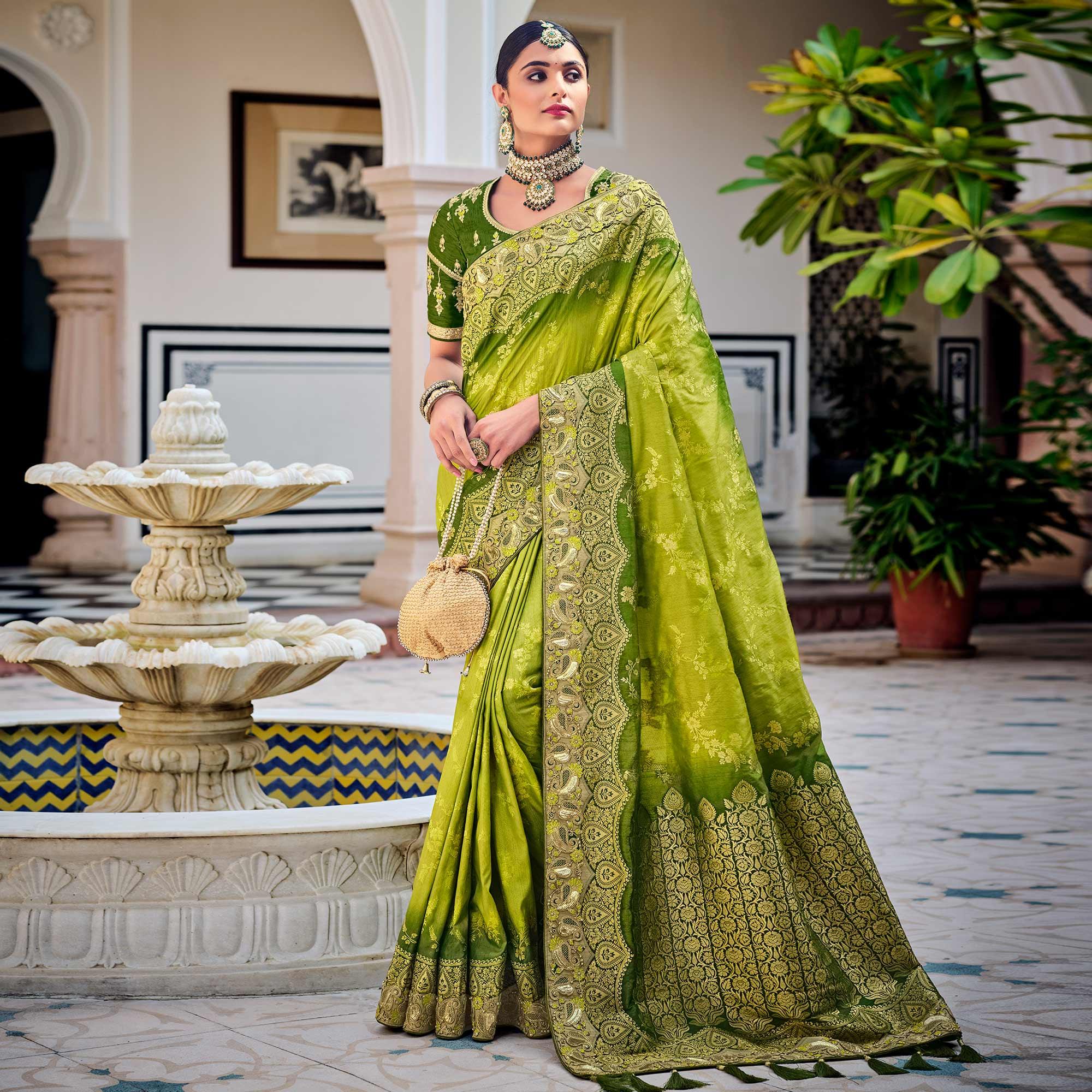 Green Party Wear Woven-Embroidered Silk Saree - Peachmode