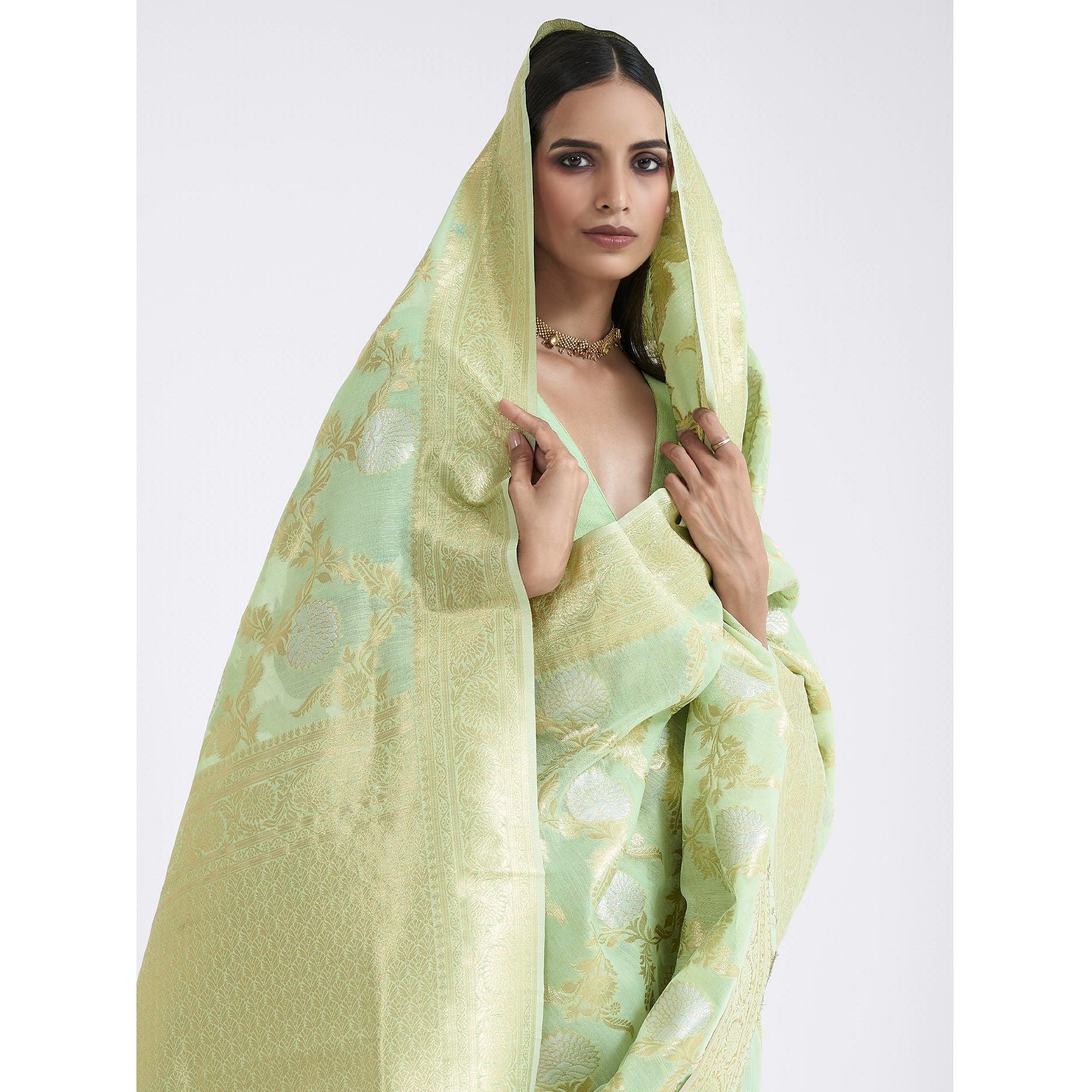 Green Party Wear Woven Pure Linen Saree - Peachmode