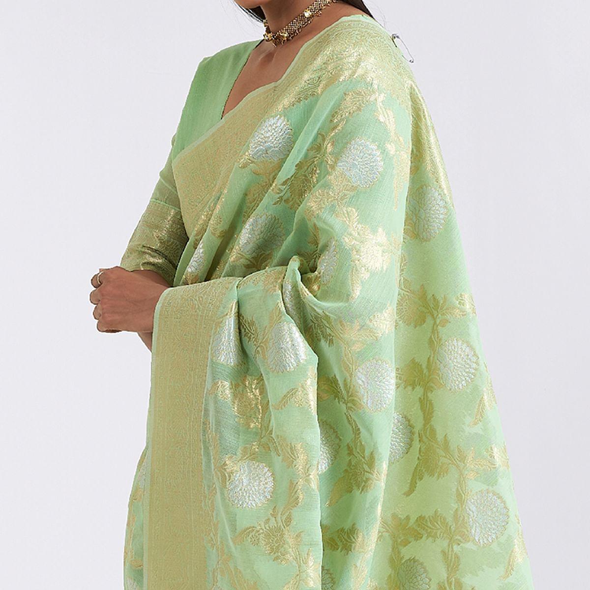 Green Party Wear Woven Pure Linen Saree - Peachmode