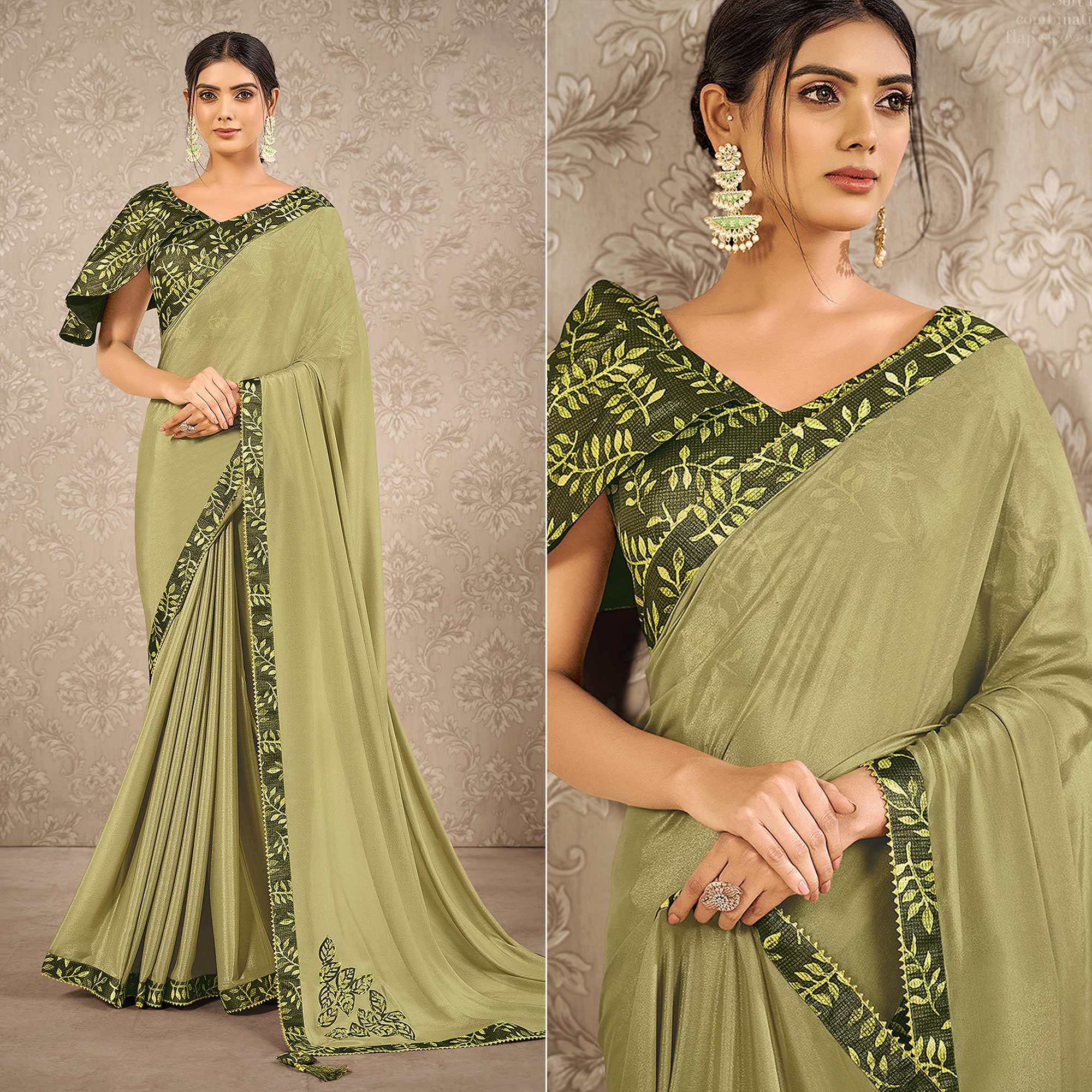 Green Partywear Appliqued With Digital Printed Georgette Saree - Peachmode
