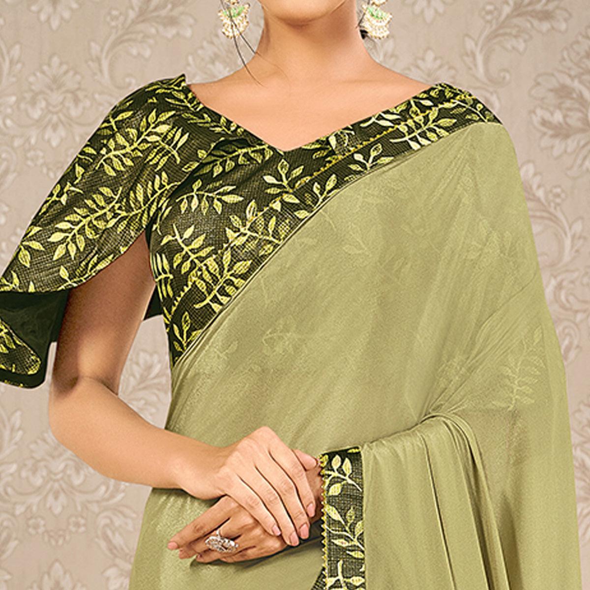 Green Partywear Appliqued With Digital Printed Georgette Saree - Peachmode