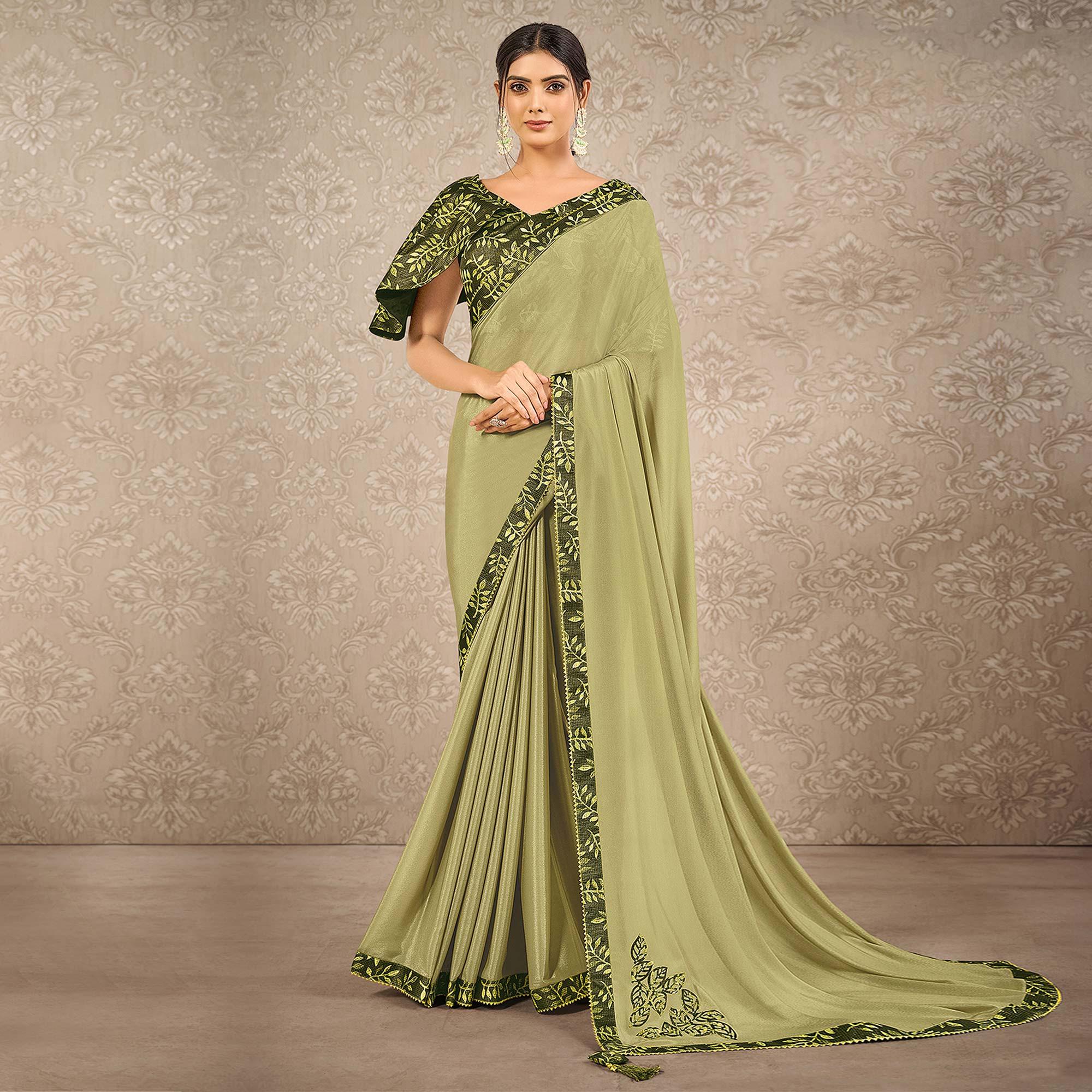 Green Partywear Appliqued With Digital Printed Georgette Saree - Peachmode