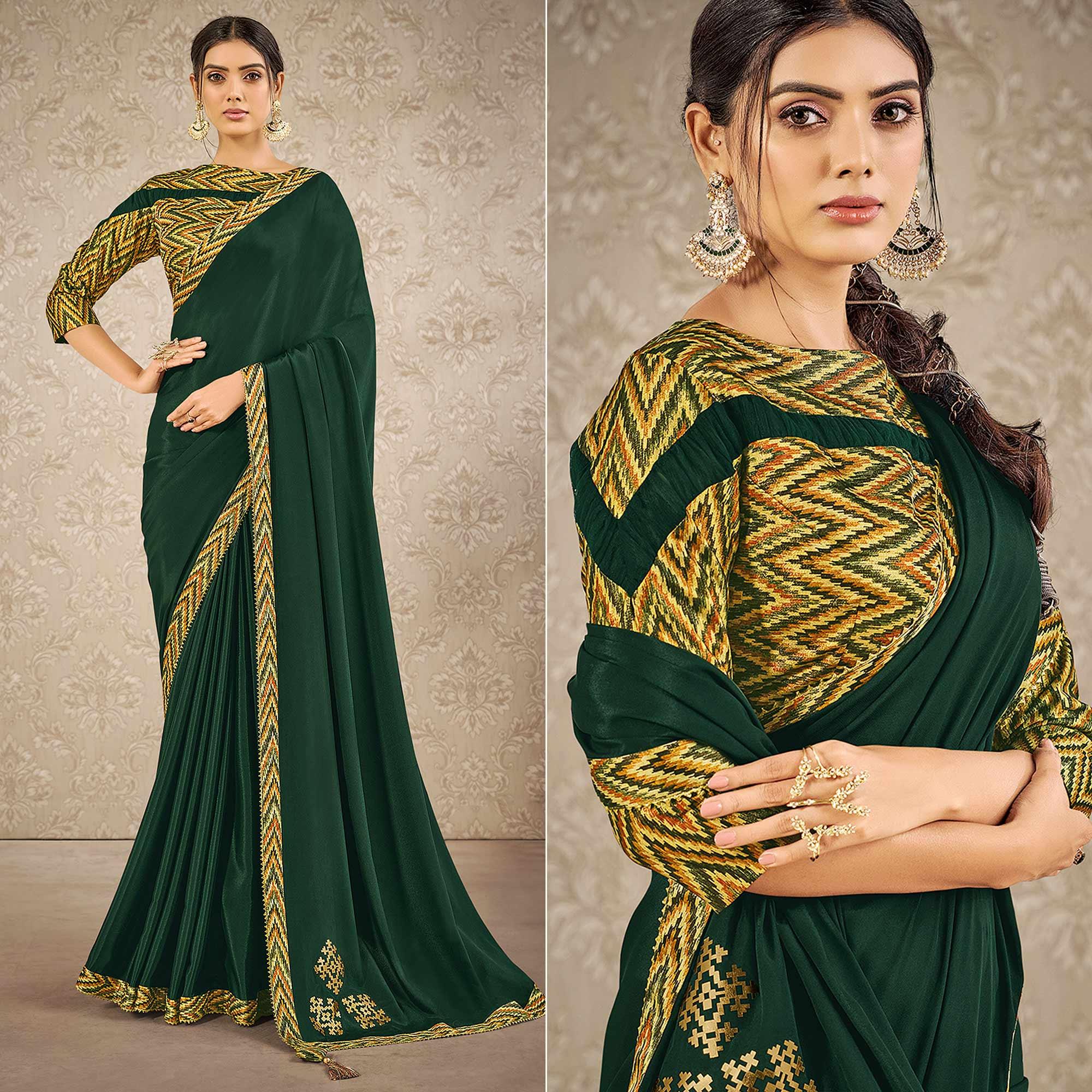 Green Partywear Appliqued With Digital Printed Satin Saree - Peachmode