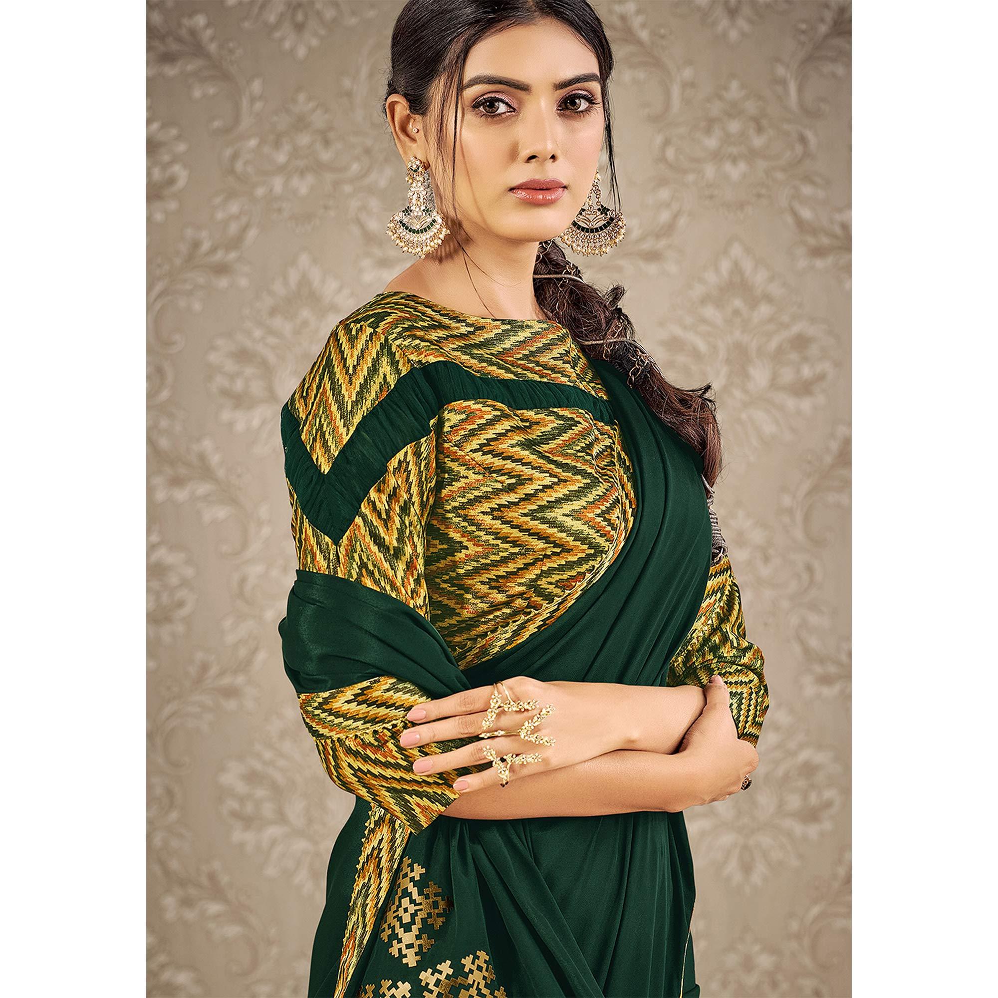 Green Partywear Appliqued With Digital Printed Satin Saree - Peachmode