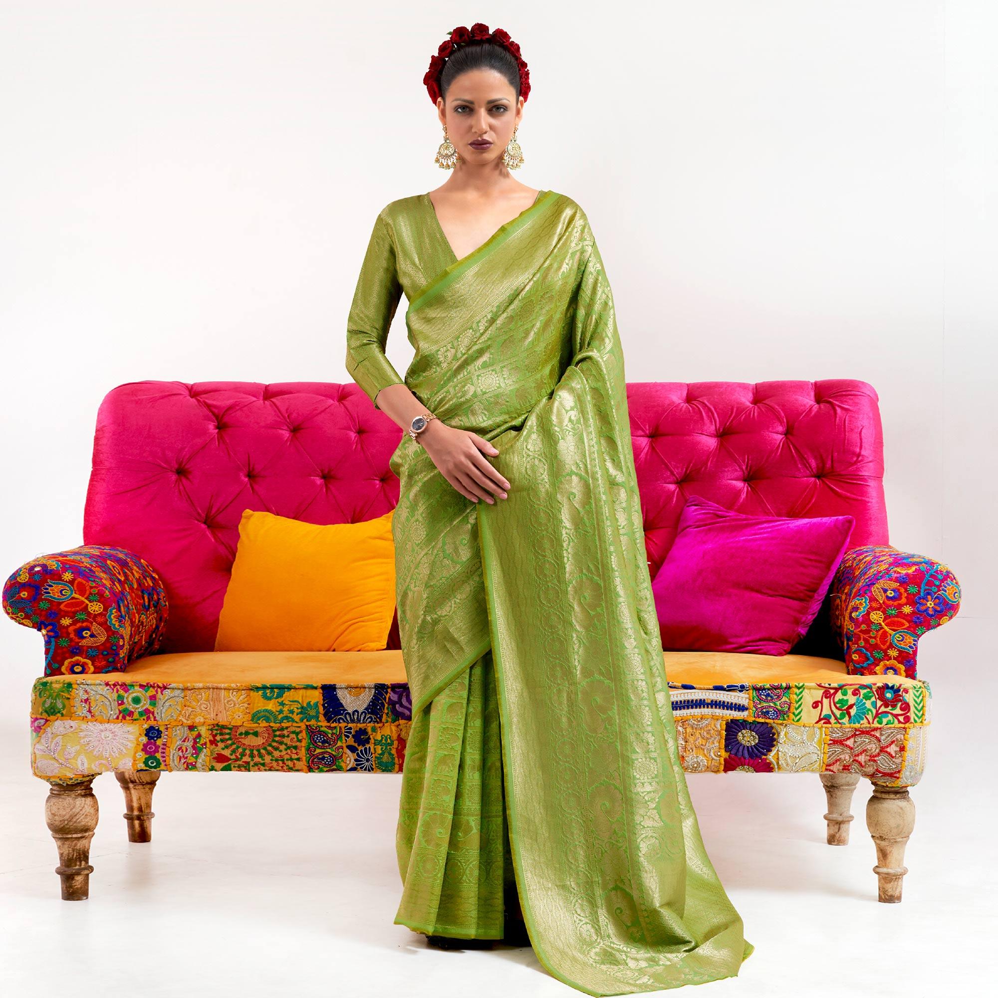 Green Partywear Banarasi  Woven Silk  Saree - Peachmode