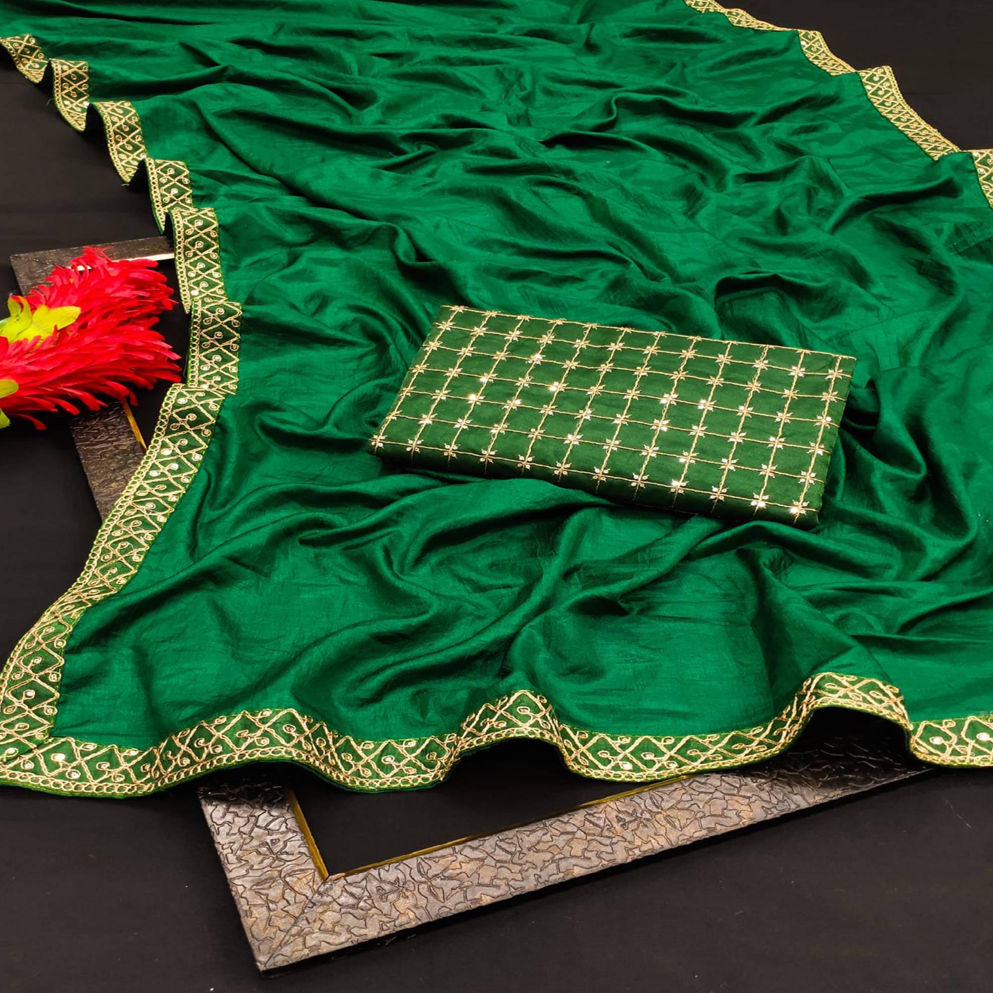 Green Partywear Coding Lace Border Dola Silk Saree - Peachmode