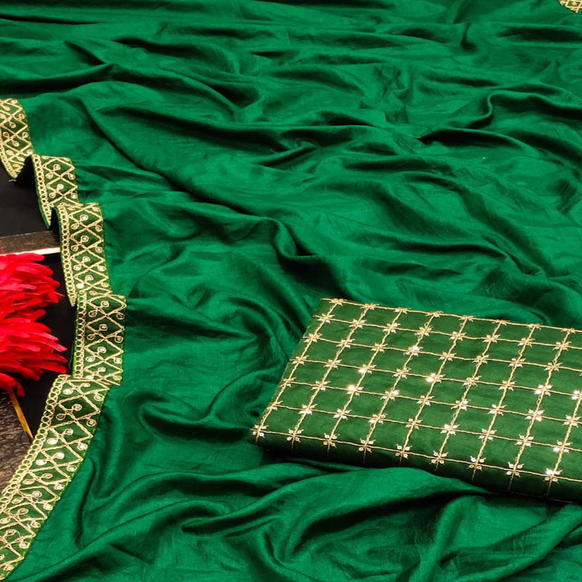 Green Partywear Coding Lace Border Dola Silk Saree - Peachmode