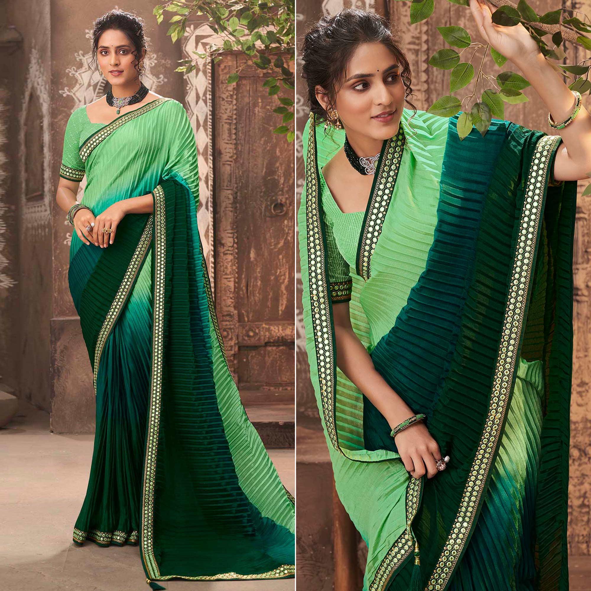 Green Partywear Crushed Chiffon Saree with Fancy Lace - Peachmode