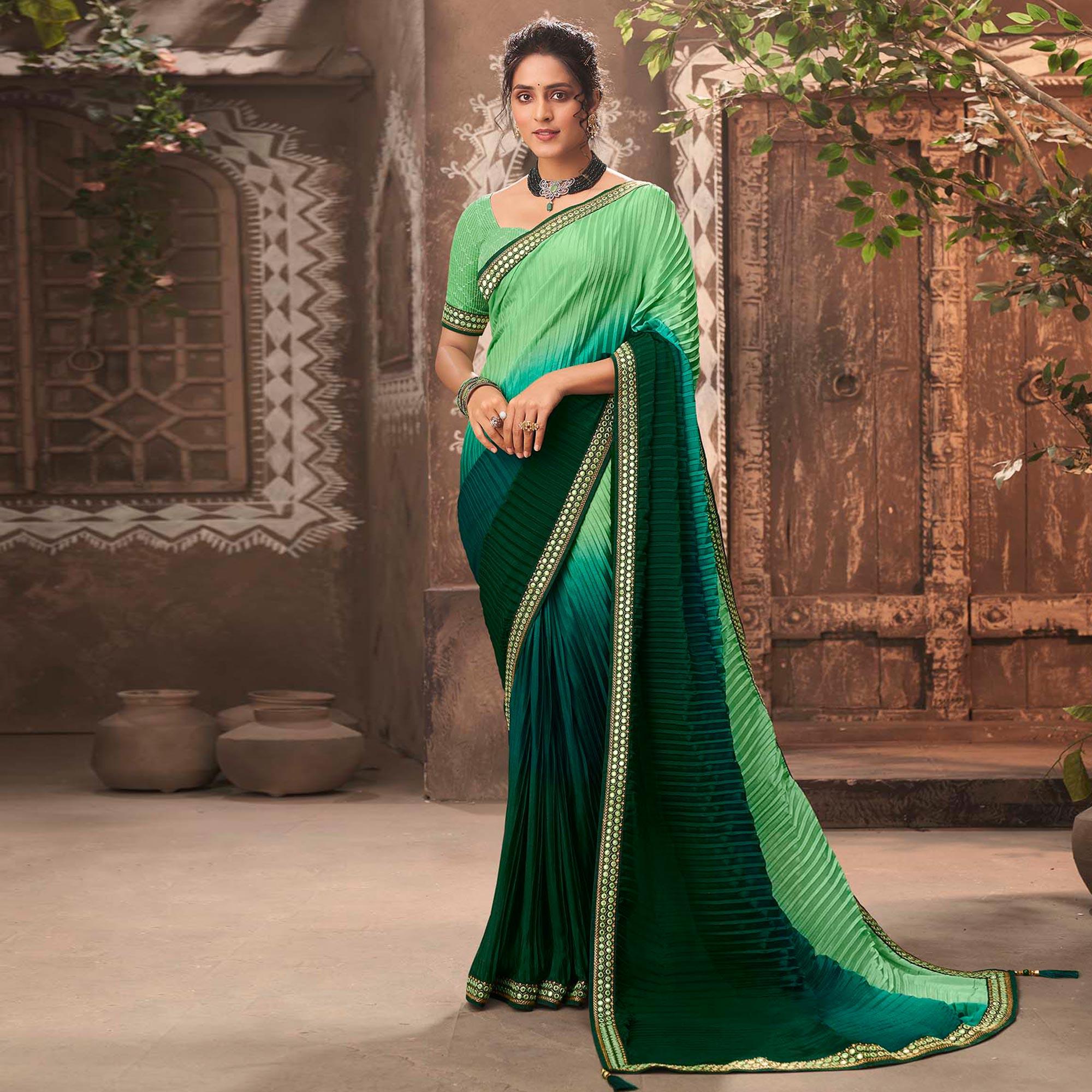 Green Partywear Crushed Chiffon Saree with Fancy Lace - Peachmode