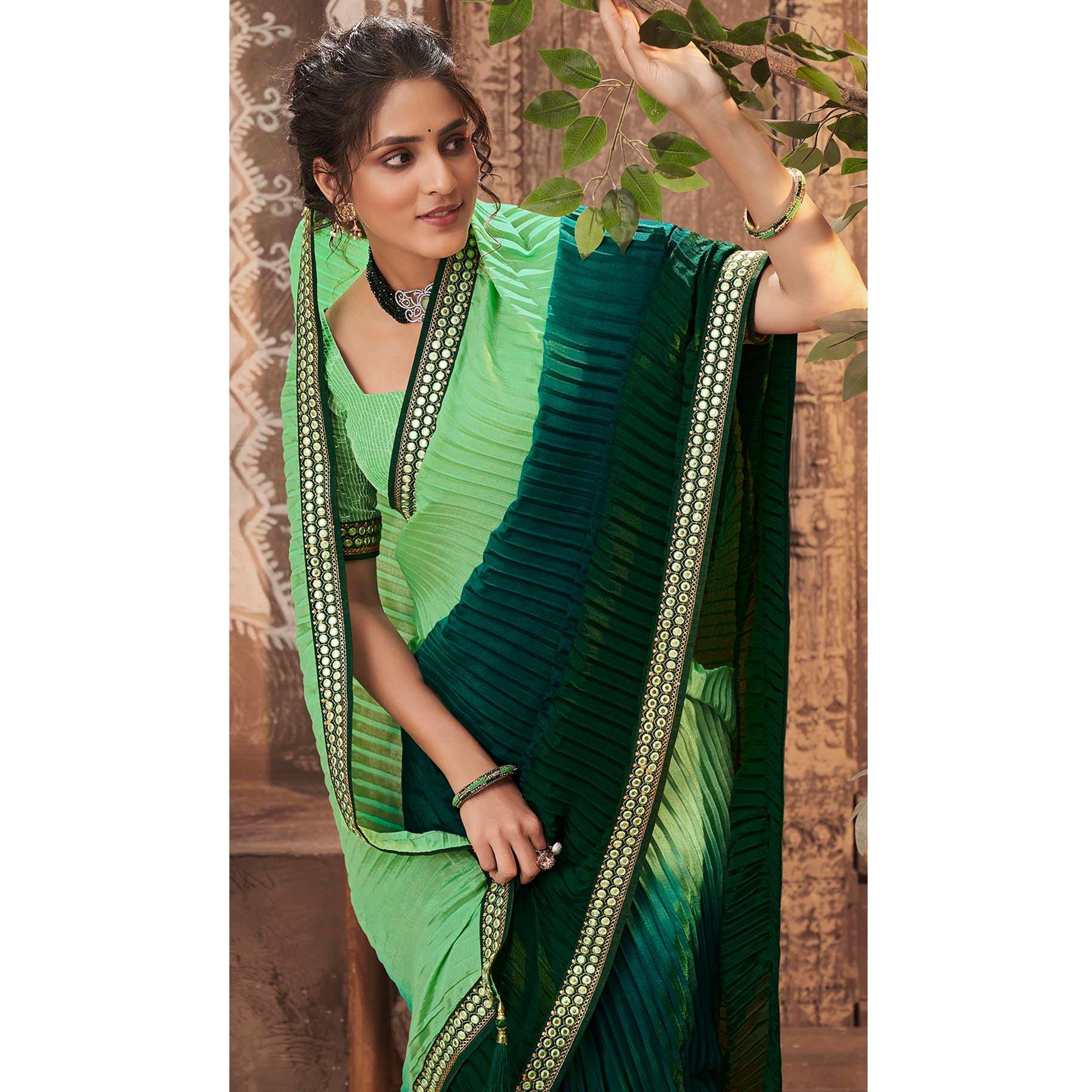 Green Partywear Crushed Chiffon Saree with Fancy Lace - Peachmode