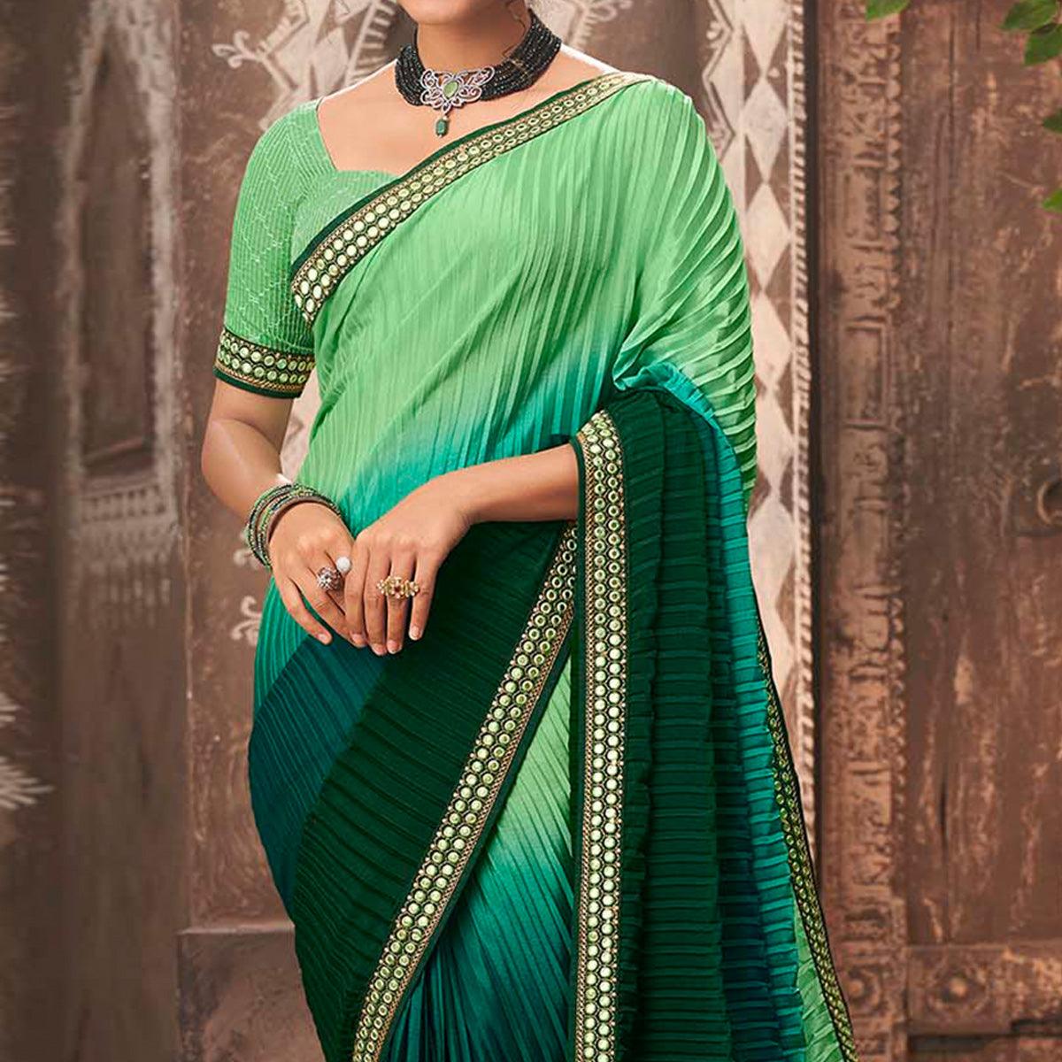 Green Partywear Crushed Chiffon Saree with Fancy Lace - Peachmode
