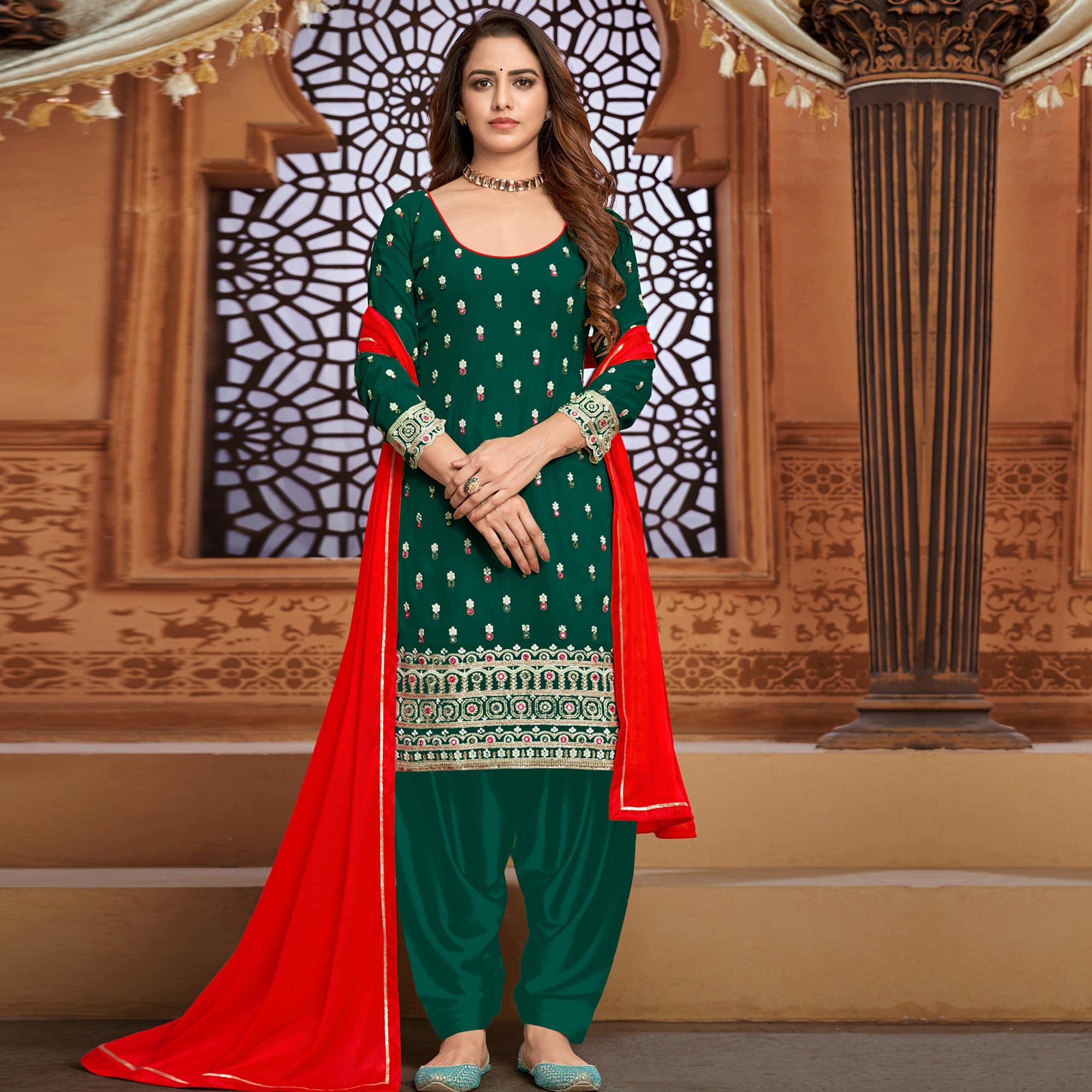 Green Partywear Designer Embroidered Faux Georgette Patiyala Suit - Peachmode
