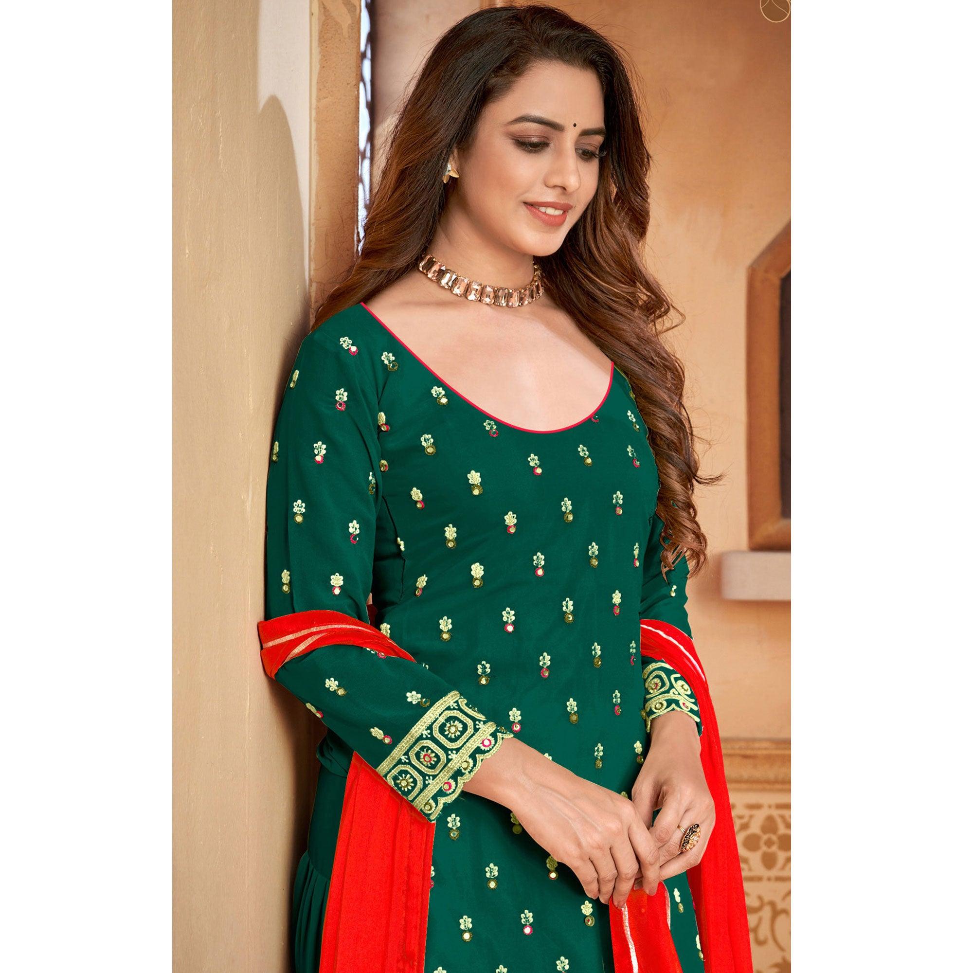Green Partywear Designer Embroidered Faux Georgette Patiyala Suit - Peachmode